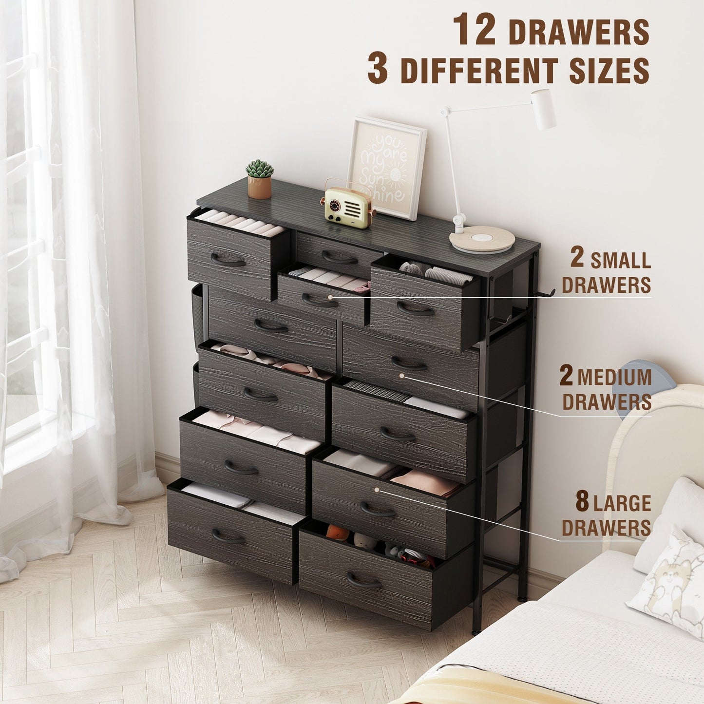Commode 12 tiroirs, commode haute en tissu pour chambre à coucher, coffre à tiroirs