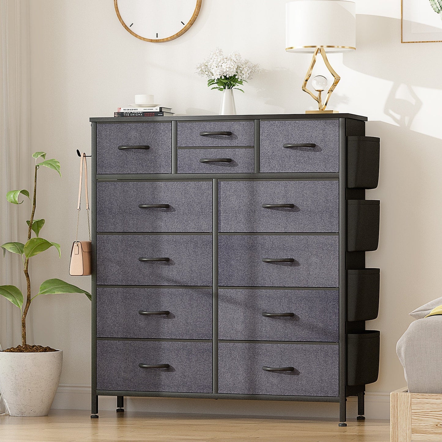Commode 12 tiroirs, commode haute en tissu pour chambre à coucher, coffre à tiroirs