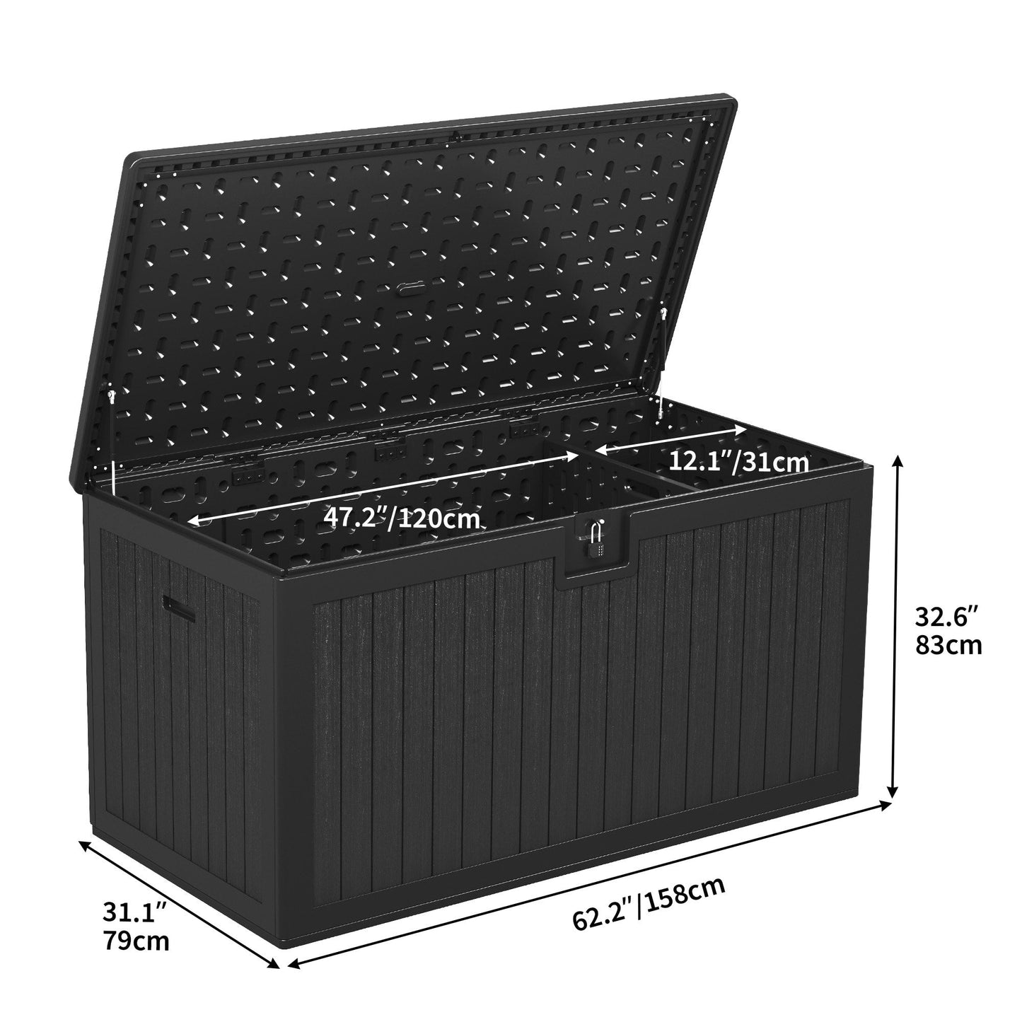 Grand coffre de rangement en résine, résistant à l'eau, verrouillable, capacité de 120 à 260 gallons.