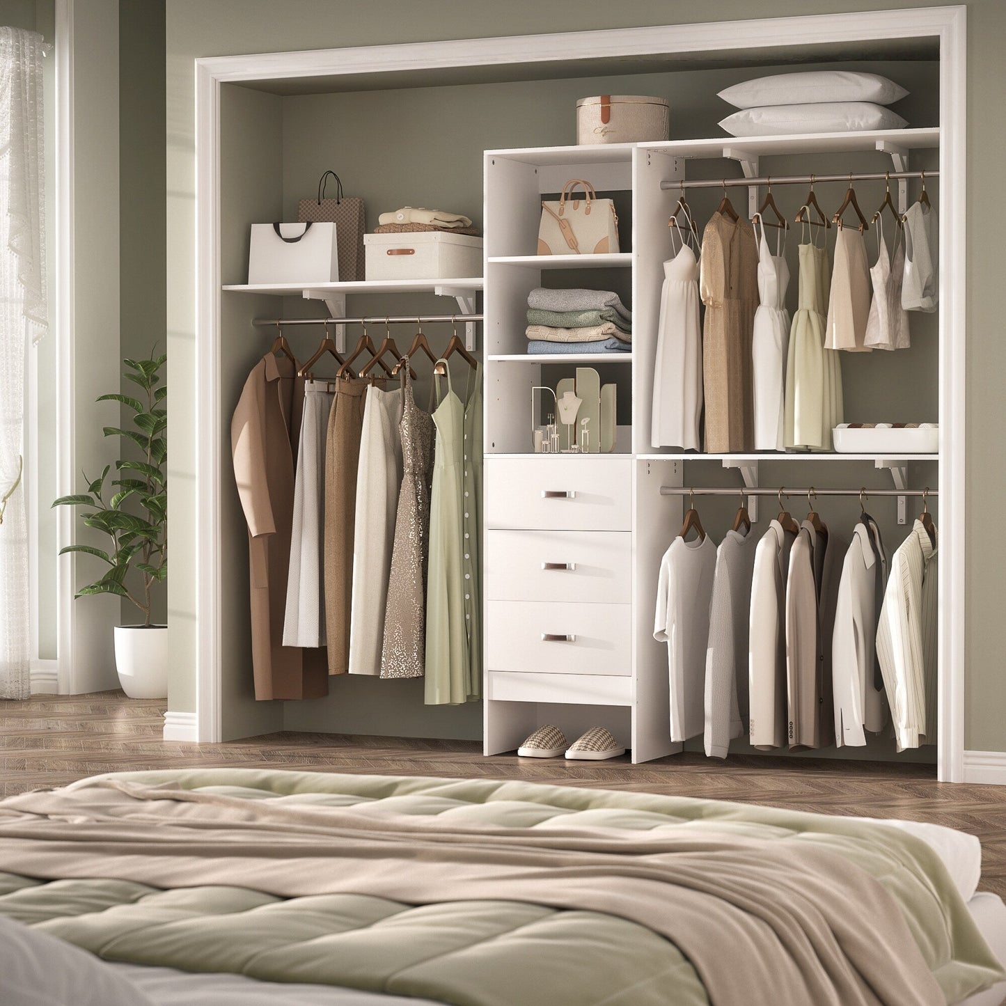 Rackcog Organisateur de placard réglable de 305 cm avec tiroirs, système de rangement avec étagères à assembler soi-même pour placard à l'italienne et placard à porte coulissante.