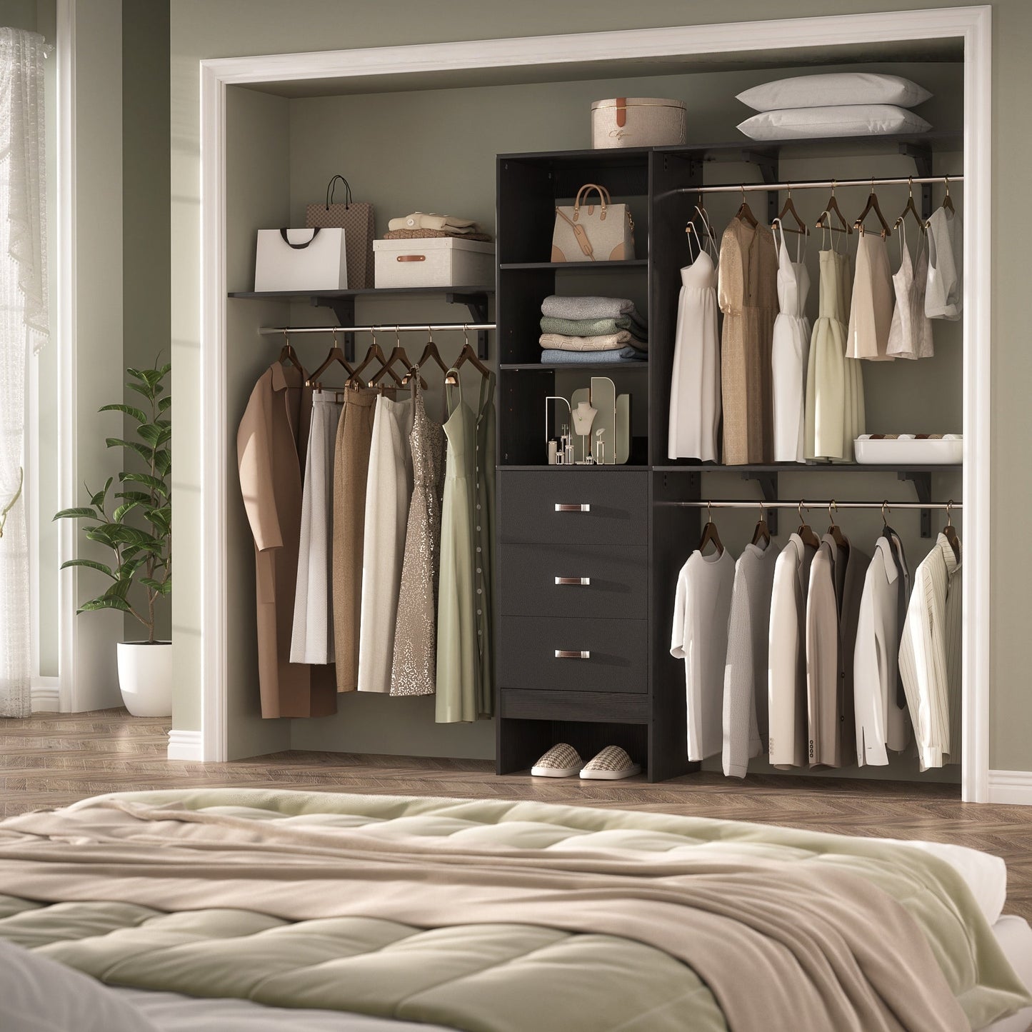 Rackcog Organisateur de placard réglable de 305 cm avec tiroirs, système de rangement avec étagères à assembler soi-même pour placard à l'italienne et placard à porte coulissante.