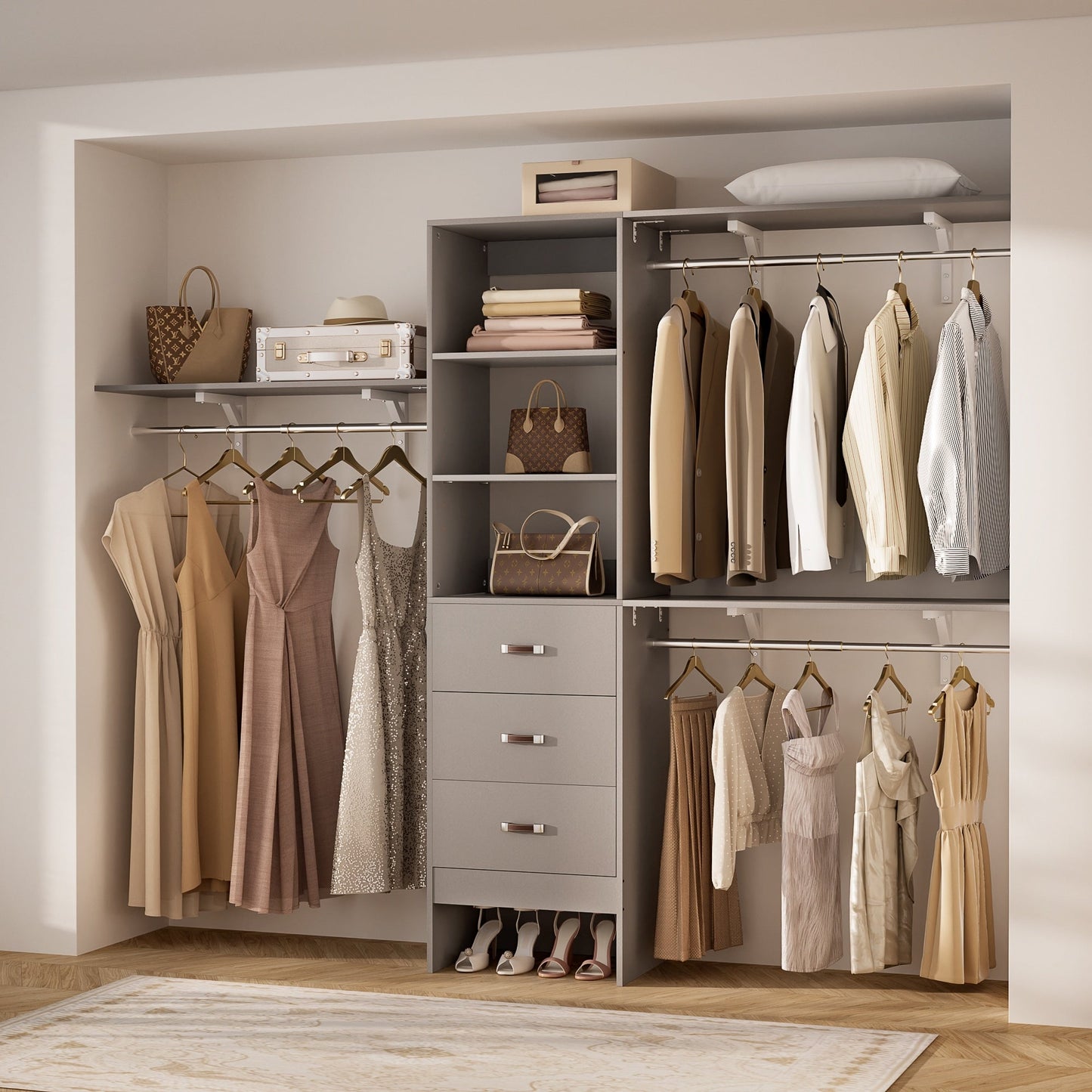 Rackcog Organisateur de placard réglable de 305 cm avec tiroirs, système de rangement avec étagères à assembler soi-même pour placard à l'italienne et placard à porte coulissante.
