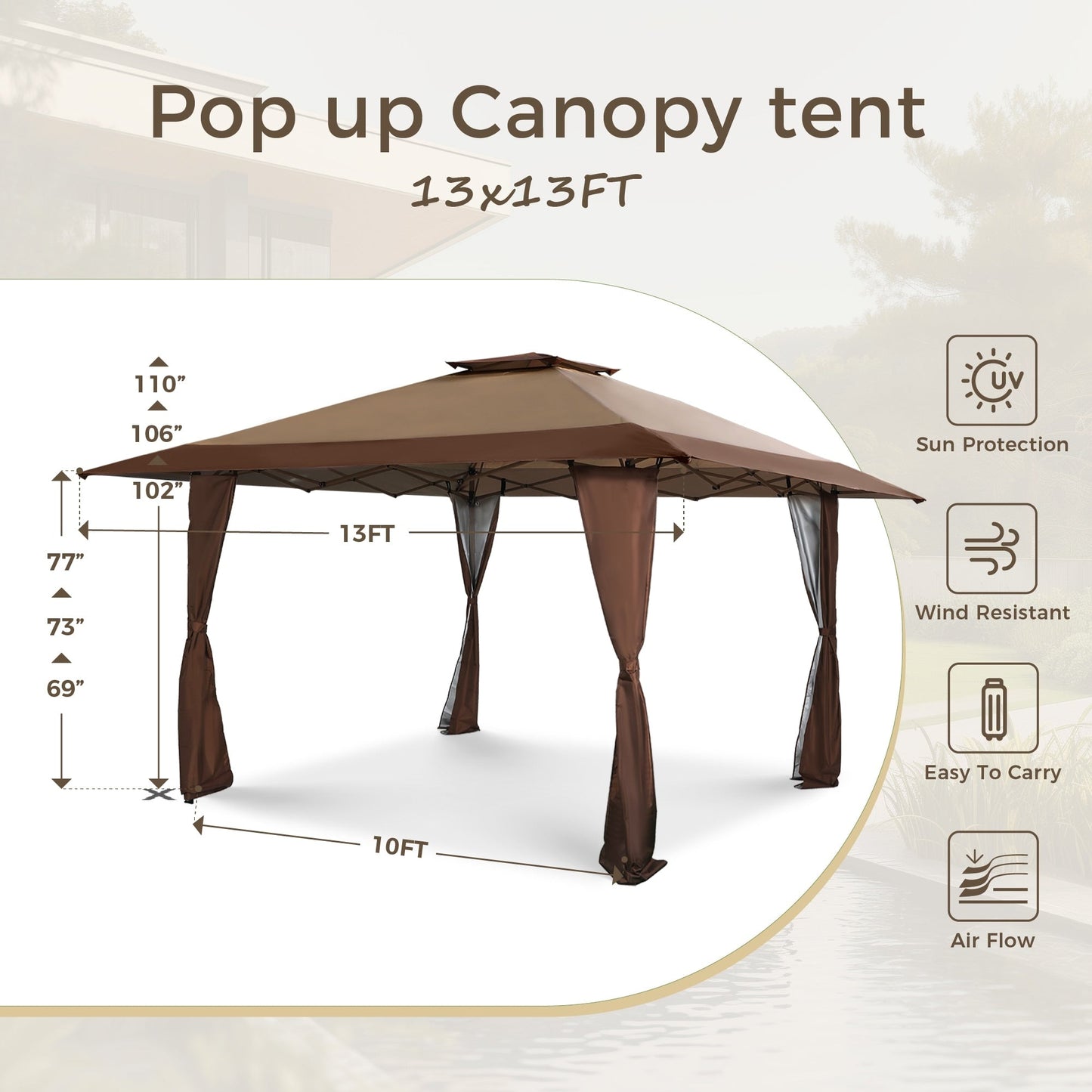Caravane de jardin gonflable renforcée de 3,96 m x 3,96 m (13' x 13'), avec élégant rideau d'angle - 13x13ft