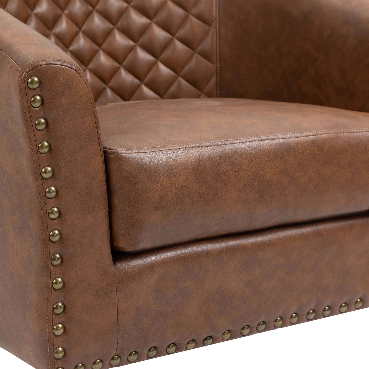 2 chaises d'appoint en cuir végétalien en forme de tonneau, 73,5 cm de large, avec garniture à clous.