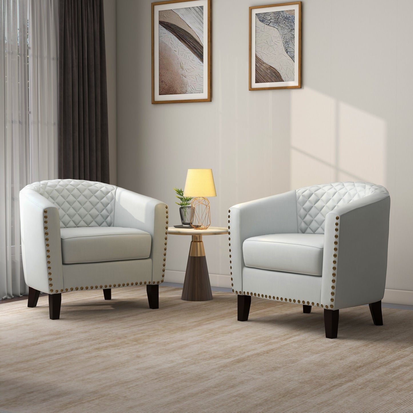 2 chaises d'appoint en cuir végétalien en forme de tonneau, 73,5 cm de large, avec garniture à clous.