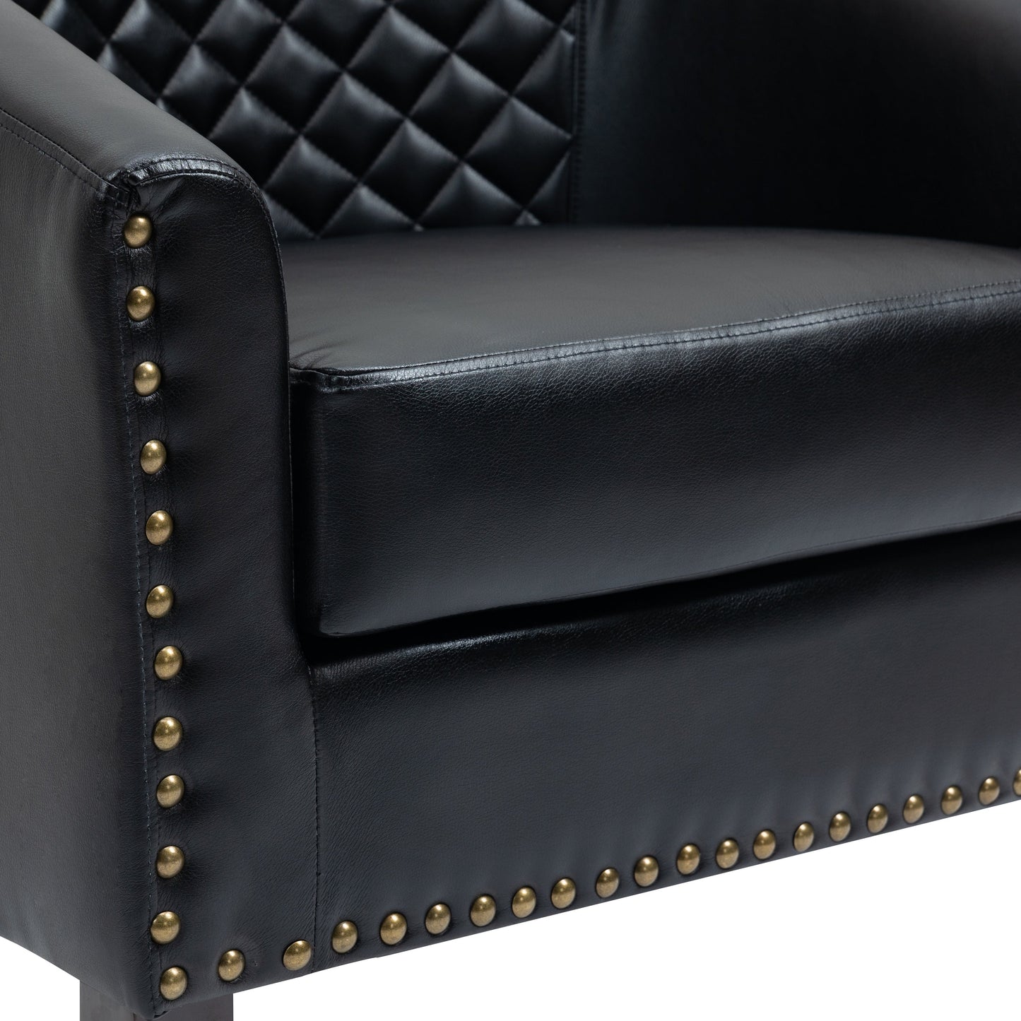 2 chaises d'appoint en cuir végétalien en forme de tonneau, 73,5 cm de large, avec garniture à clous.
