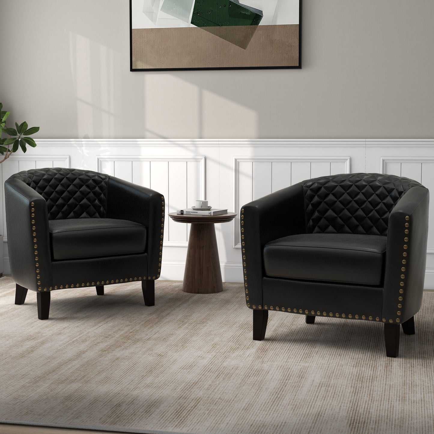 2 chaises d'appoint en cuir végétalien en forme de tonneau, 73,5 cm de large, avec garniture à clous.
