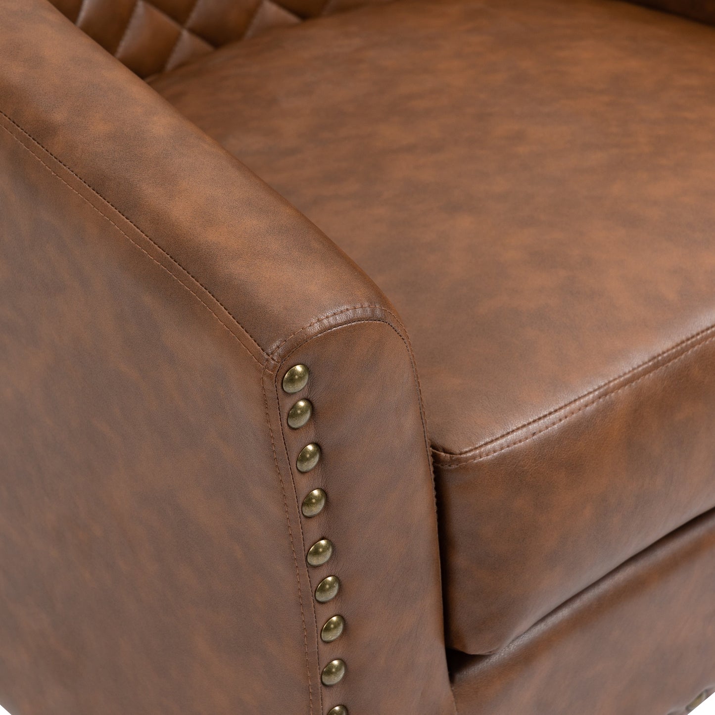 2 chaises d'appoint en cuir végétalien en forme de tonneau, 73,5 cm de large, avec garniture à clous.