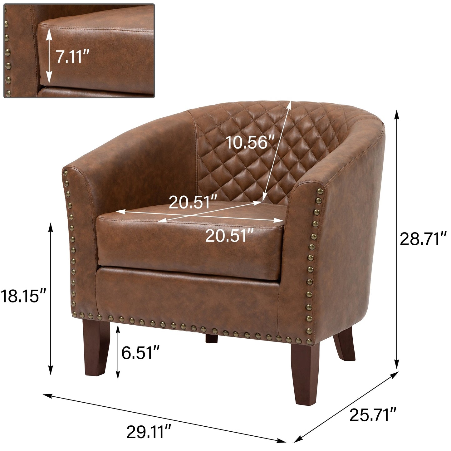 2 chaises d'appoint en cuir végétalien en forme de tonneau, 73,5 cm de large, avec garniture à clous.