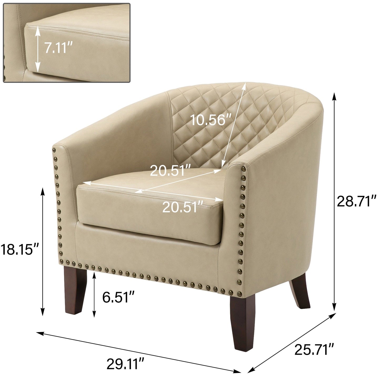 2 chaises d'appoint en cuir végétalien en forme de tonneau, 73,5 cm de large, avec garniture à clous.