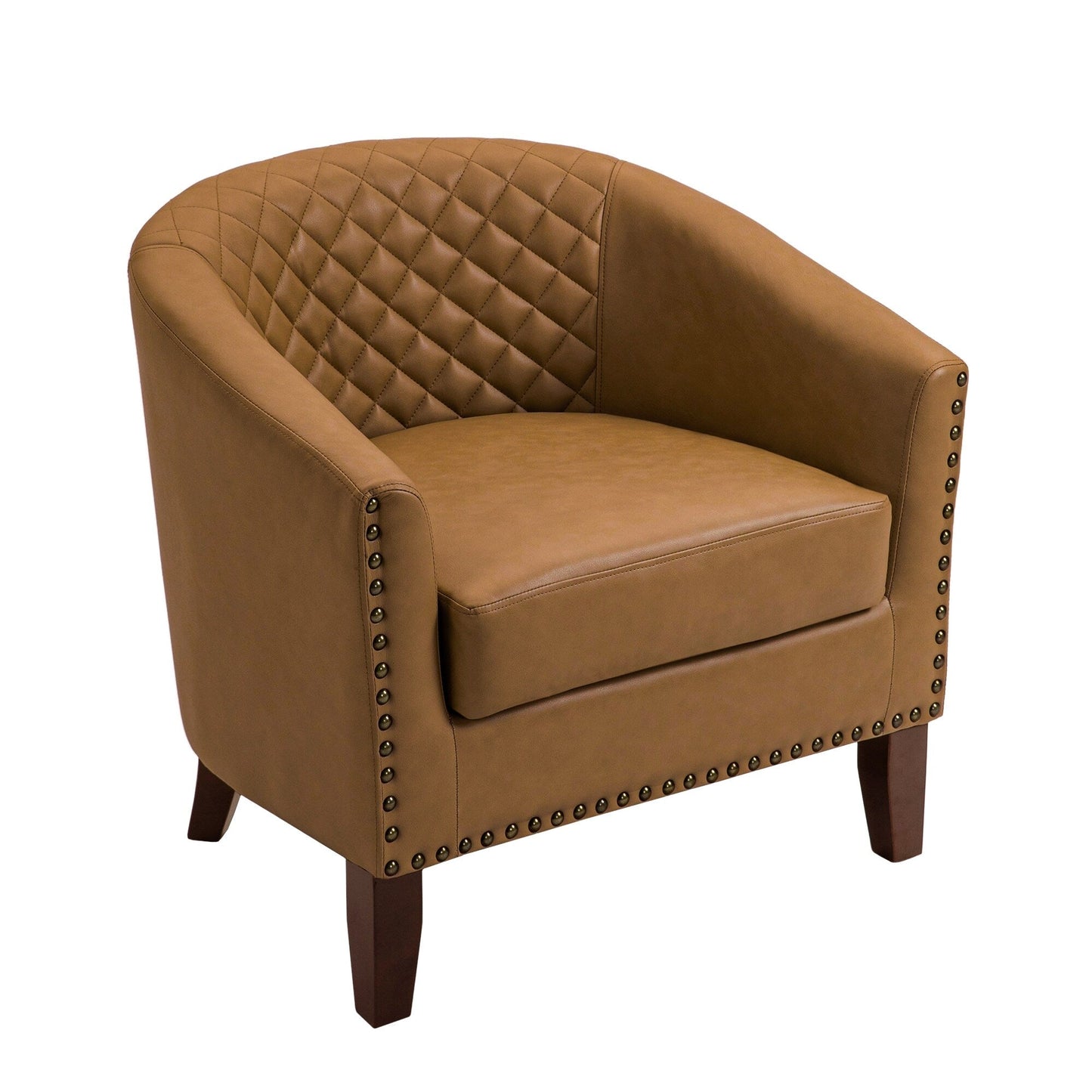 2 chaises d'appoint en cuir végétalien en forme de tonneau, 73,5 cm de large, avec garniture à clous.