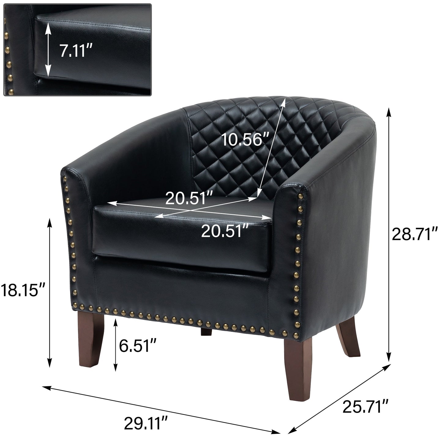 2 chaises d'appoint en cuir végétalien en forme de tonneau, 73,5 cm de large, avec garniture à clous.