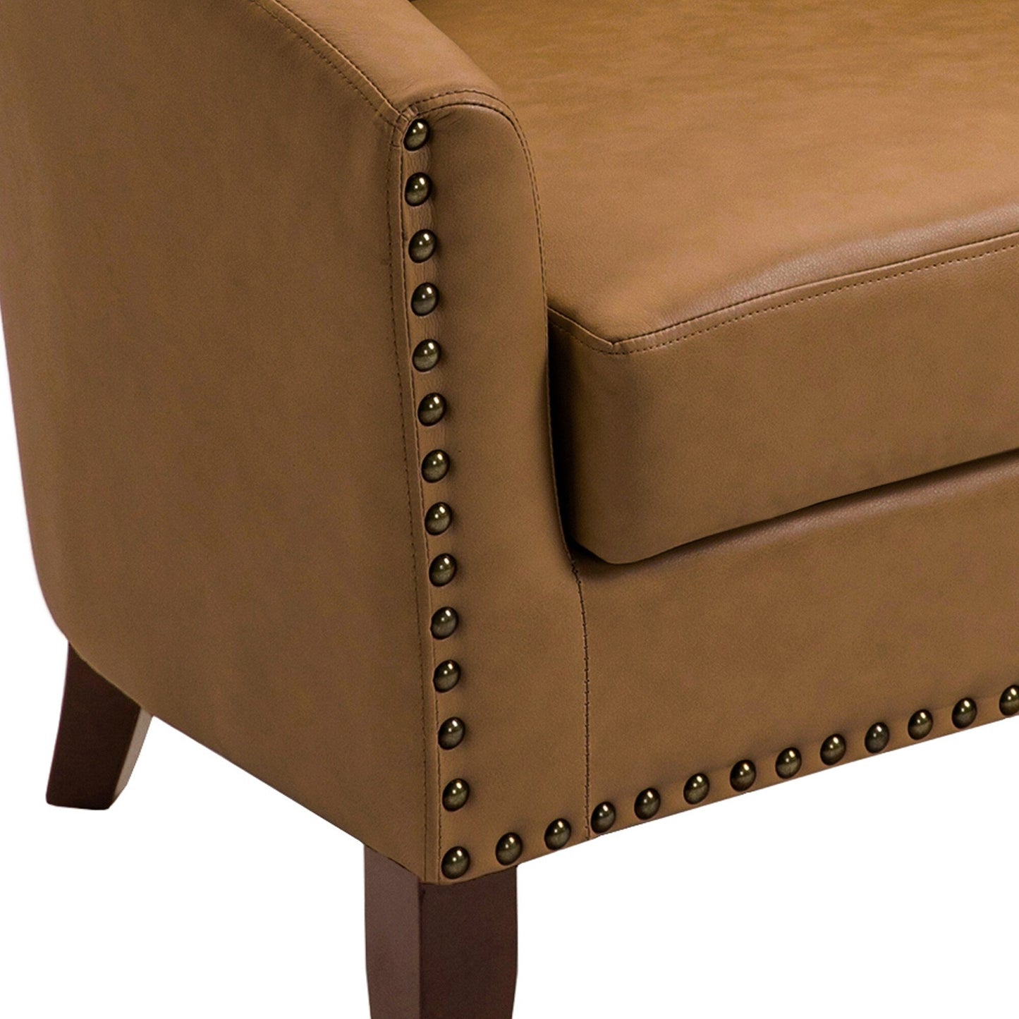 2 chaises d'appoint en cuir végétalien en forme de tonneau, 73,5 cm de large, avec garniture à clous.