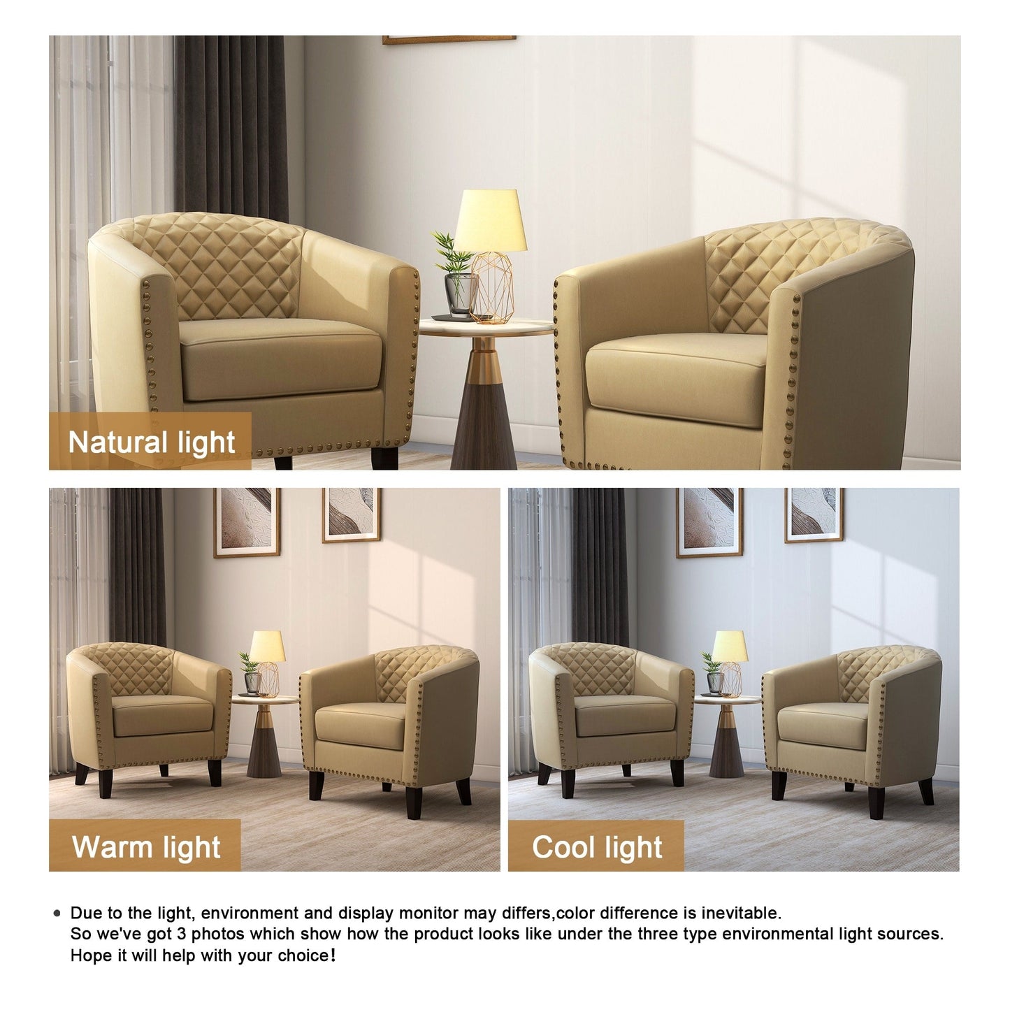 2 chaises d'appoint en cuir végétalien en forme de tonneau, 73,5 cm de large, avec garniture à clous.