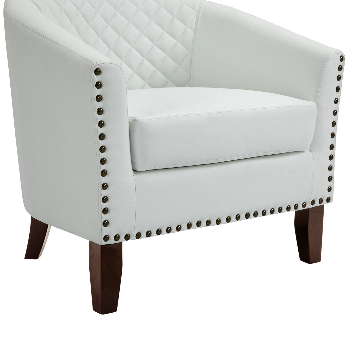 2 chaises d'appoint en cuir végétalien en forme de tonneau, 73,5 cm de large, avec garniture à clous.