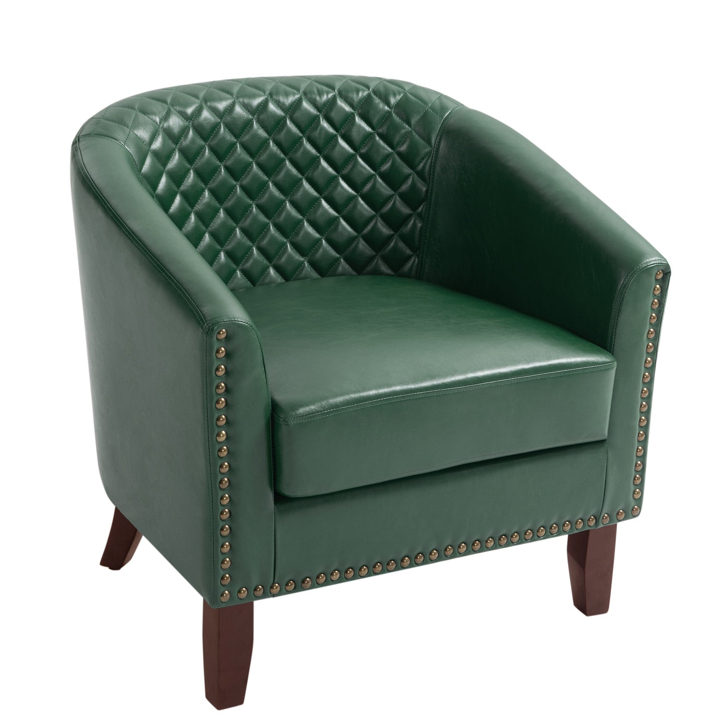 2 chaises d'appoint en cuir végétalien en forme de tonneau, 73,5 cm de large, avec garniture à clous.