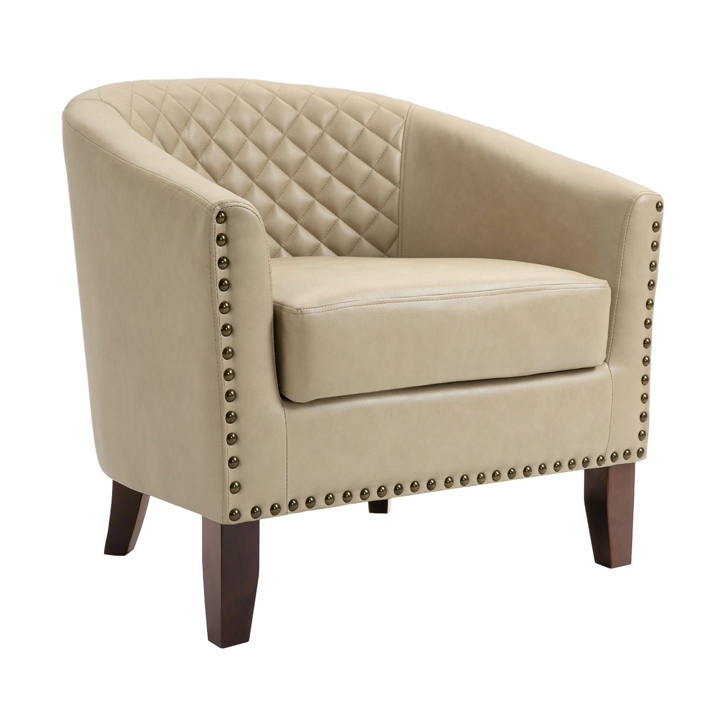 2 chaises d'appoint en cuir végétalien en forme de tonneau, 73,5 cm de large, avec garniture à clous.