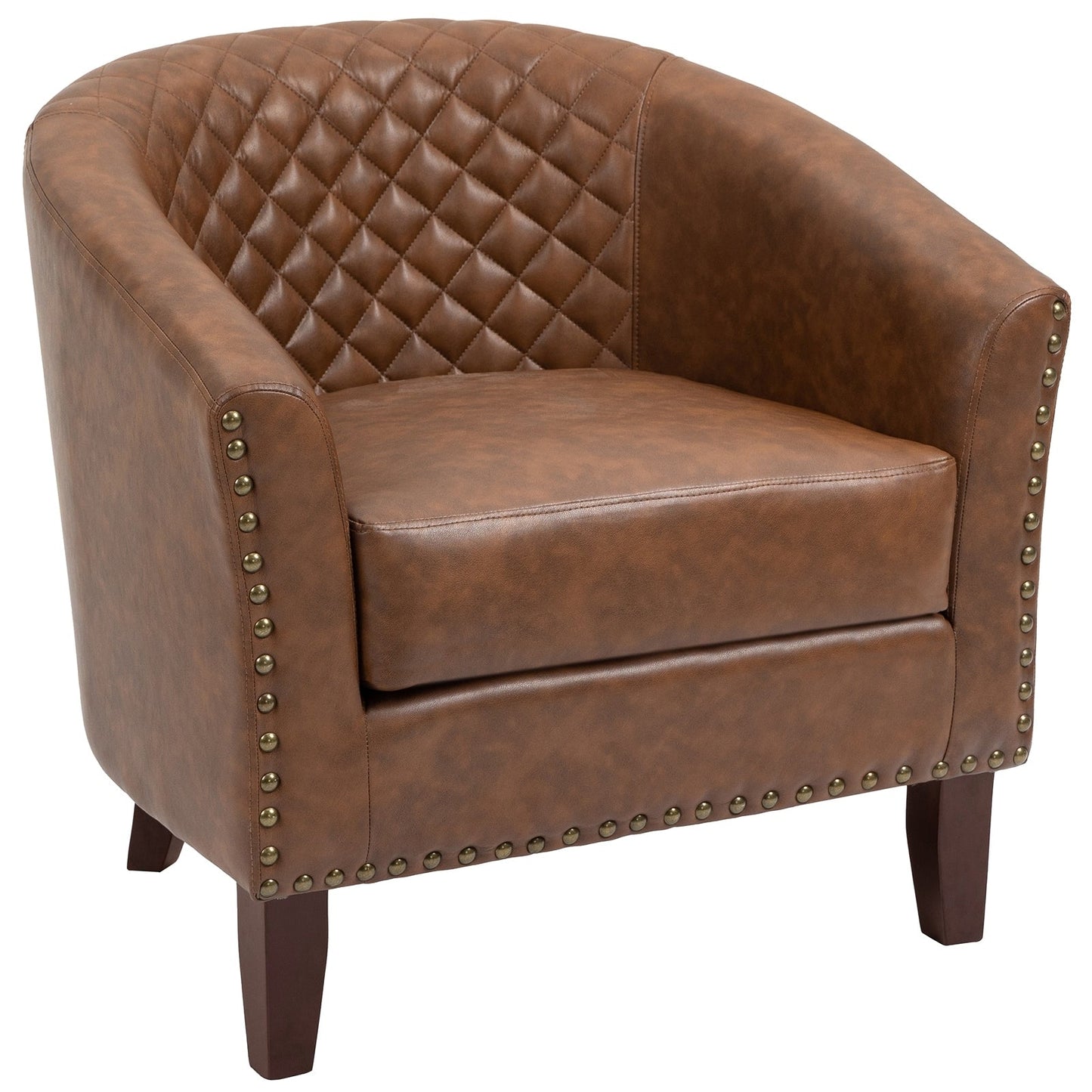 2 chaises d'appoint en cuir végétalien en forme de tonneau, 73,5 cm de large, avec garniture à clous.