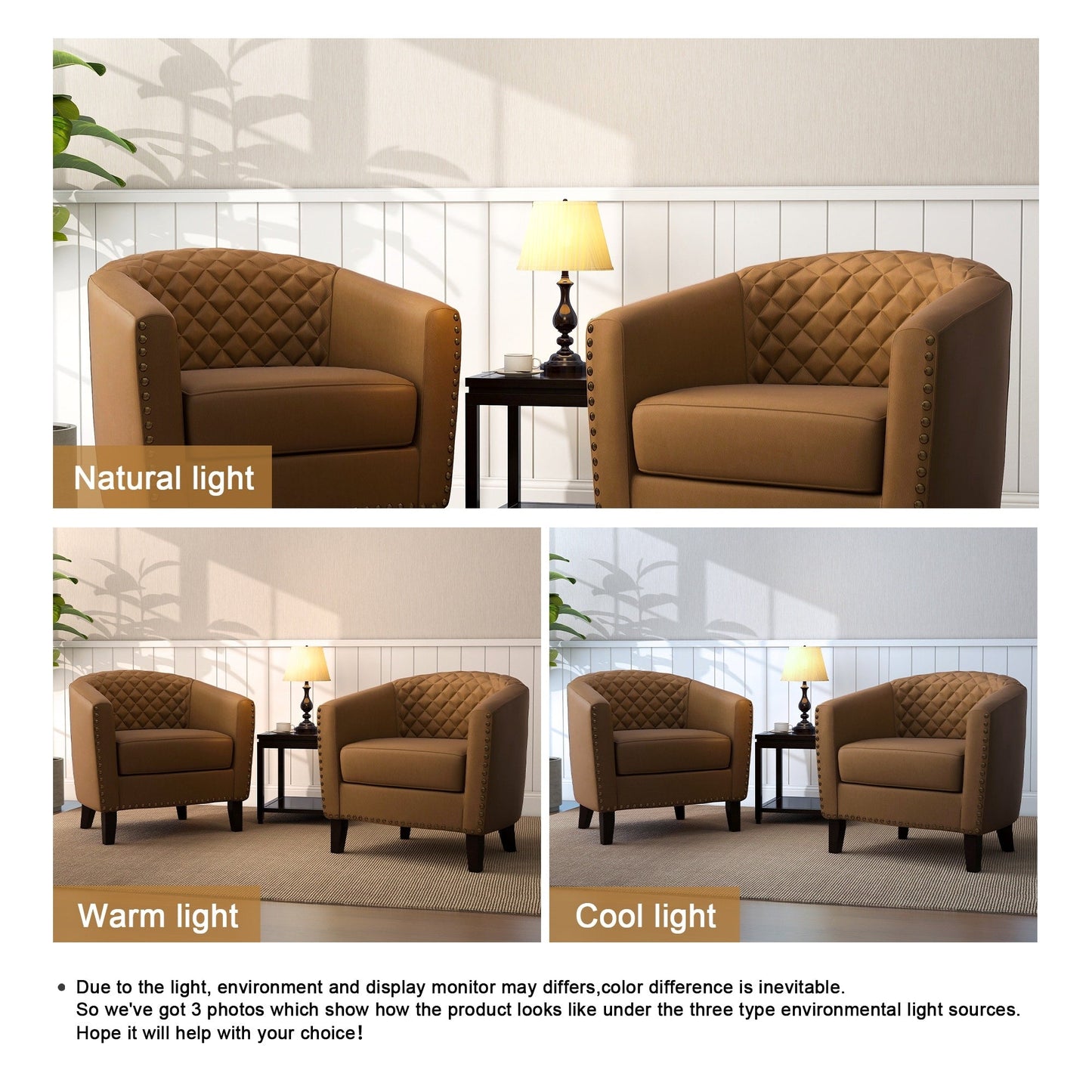 2 chaises d'appoint en cuir végétalien en forme de tonneau, 73,5 cm de large, avec garniture à clous.