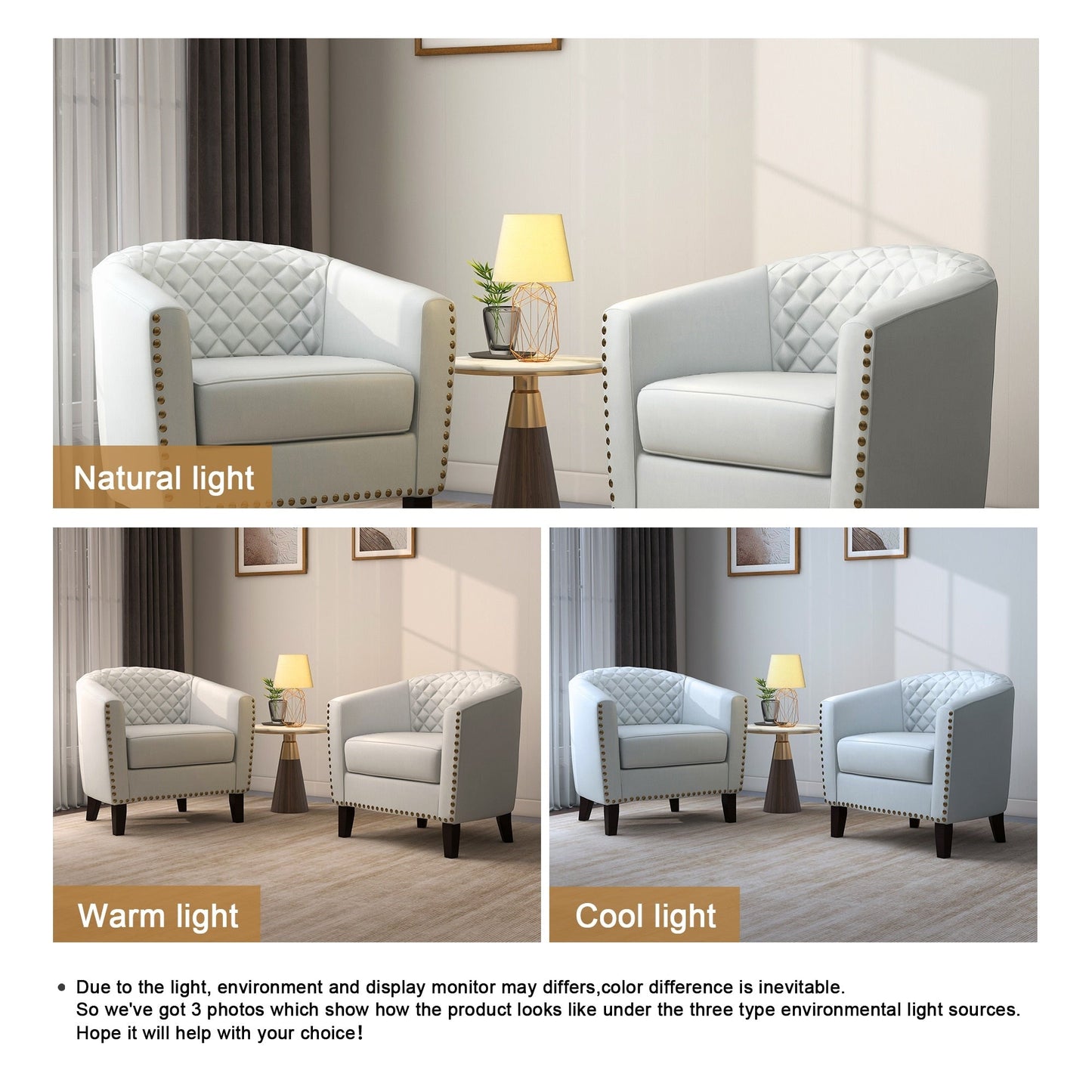 2 chaises d'appoint en cuir végétalien en forme de tonneau, 73,5 cm de large, avec garniture à clous.