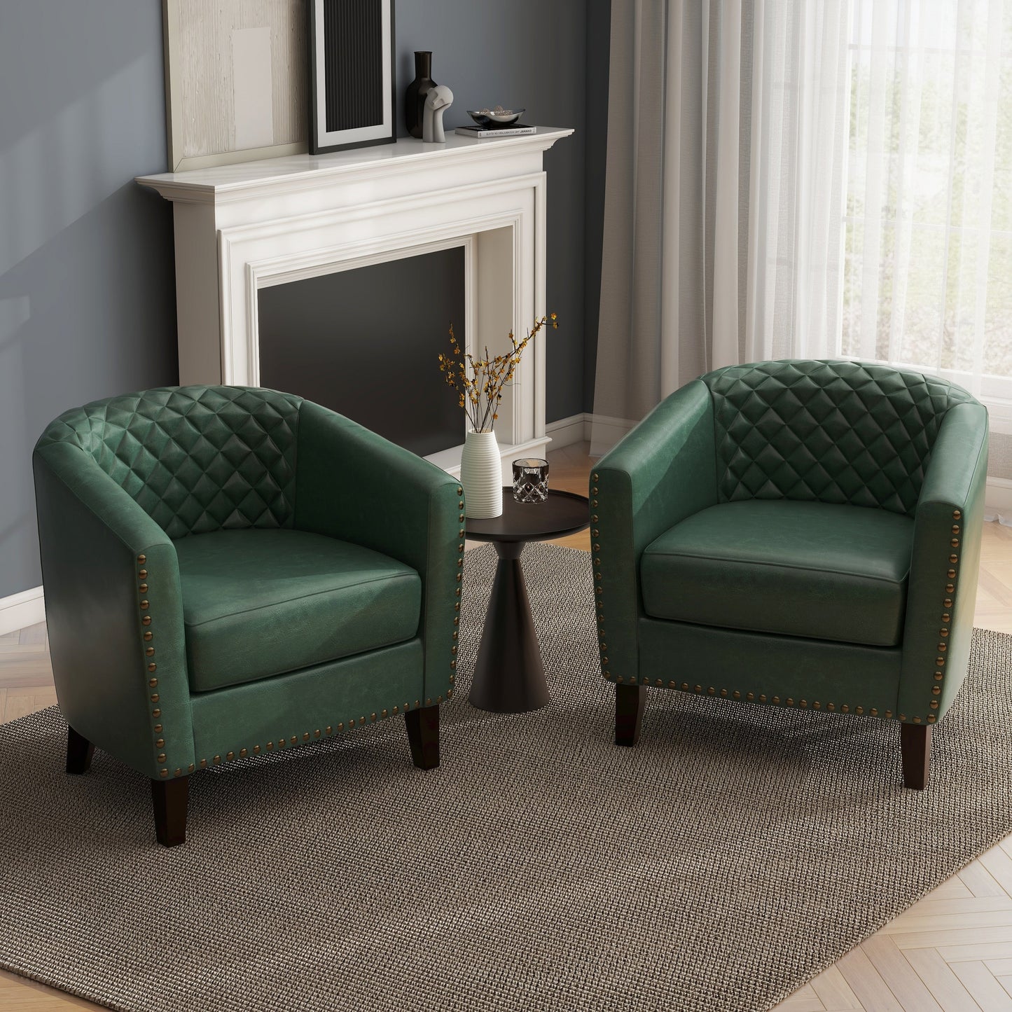 2 chaises d'appoint en cuir végétalien en forme de tonneau, 73,5 cm de large, avec garniture à clous.