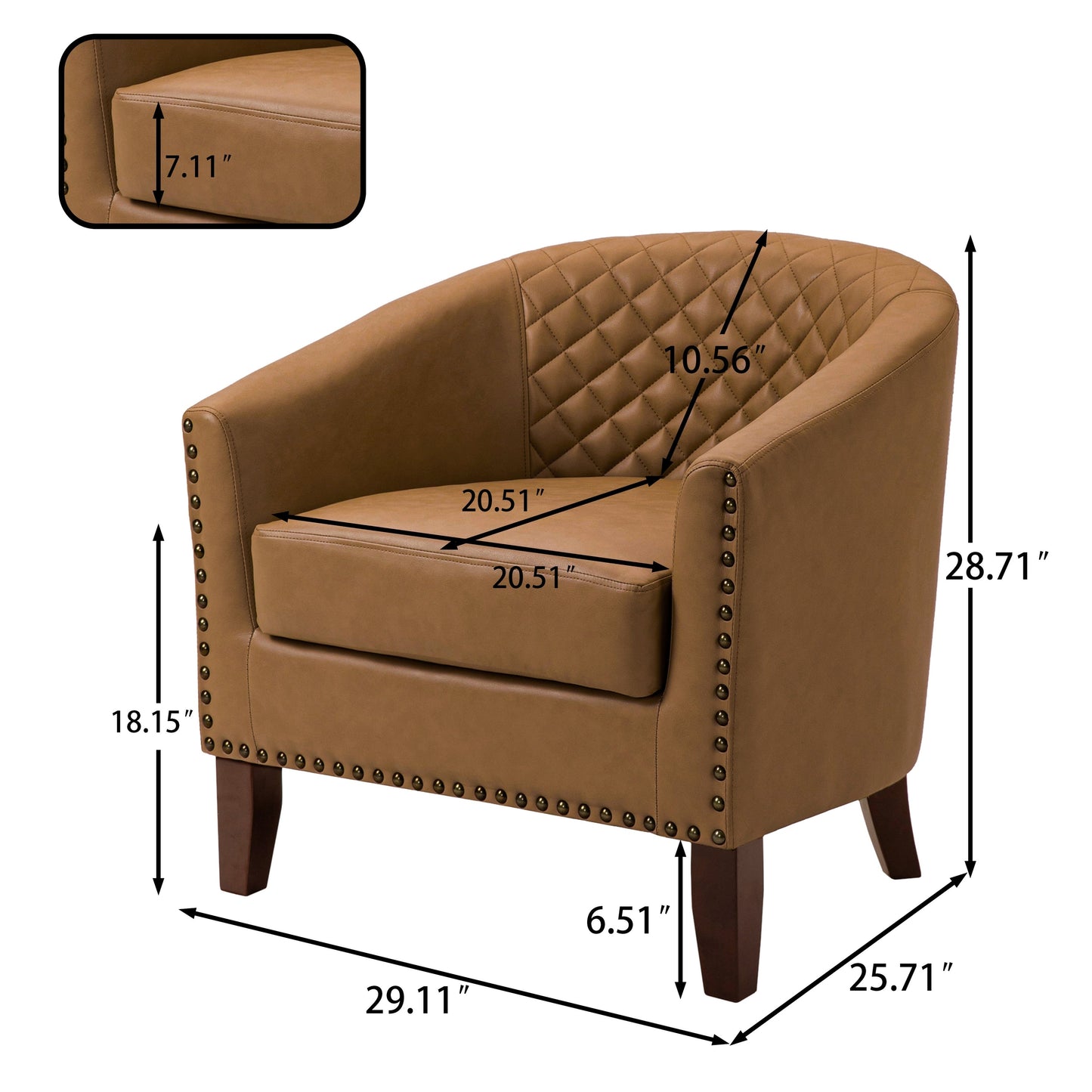 2 chaises d'appoint en cuir végétalien en forme de tonneau, 73,5 cm de large, avec garniture à clous.