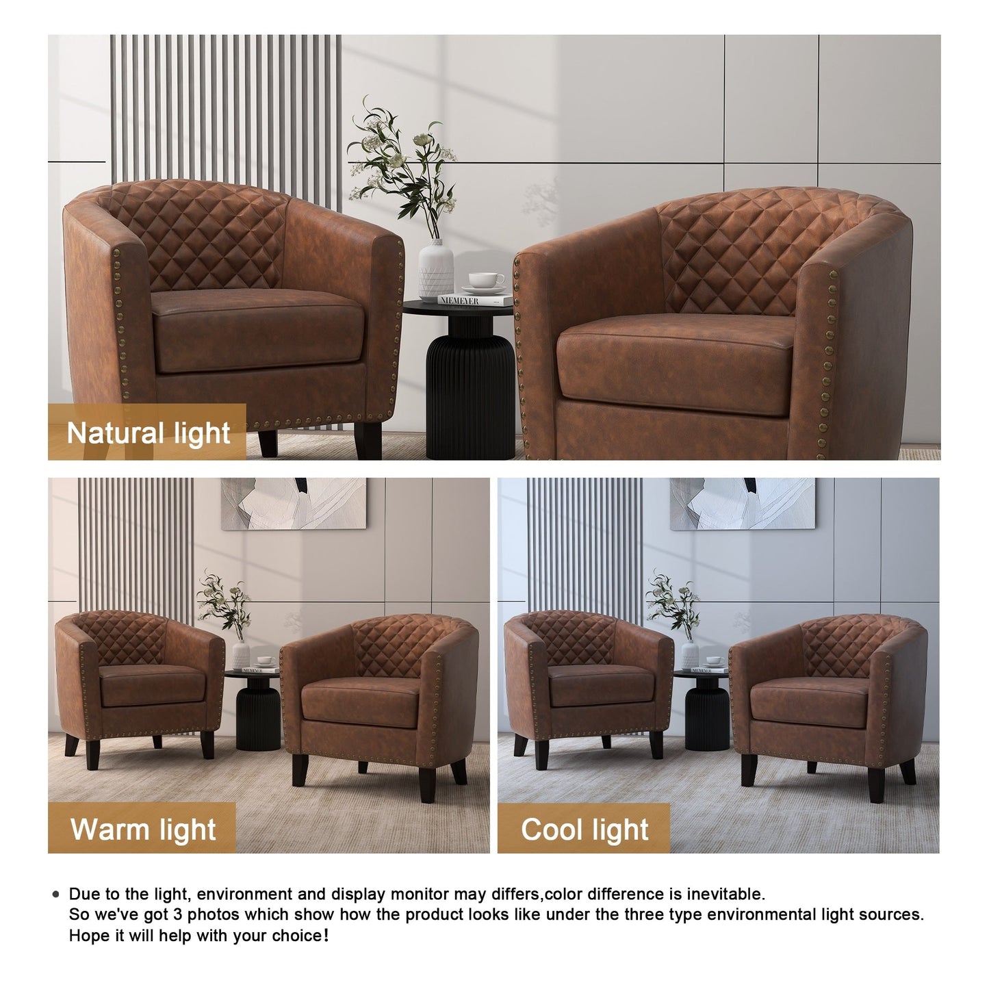 2 chaises d'appoint en cuir végétalien en forme de tonneau, 73,5 cm de large, avec garniture à clous.
