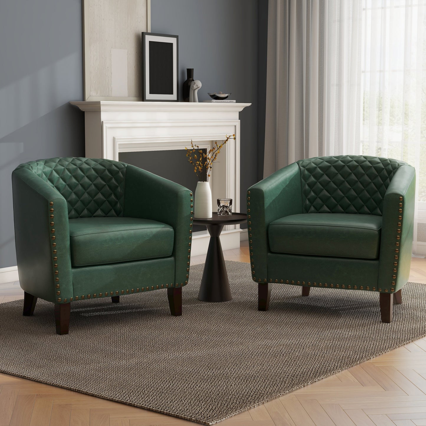 2 chaises d'appoint en cuir végétalien en forme de tonneau, 73,5 cm de large, avec garniture à clous.
