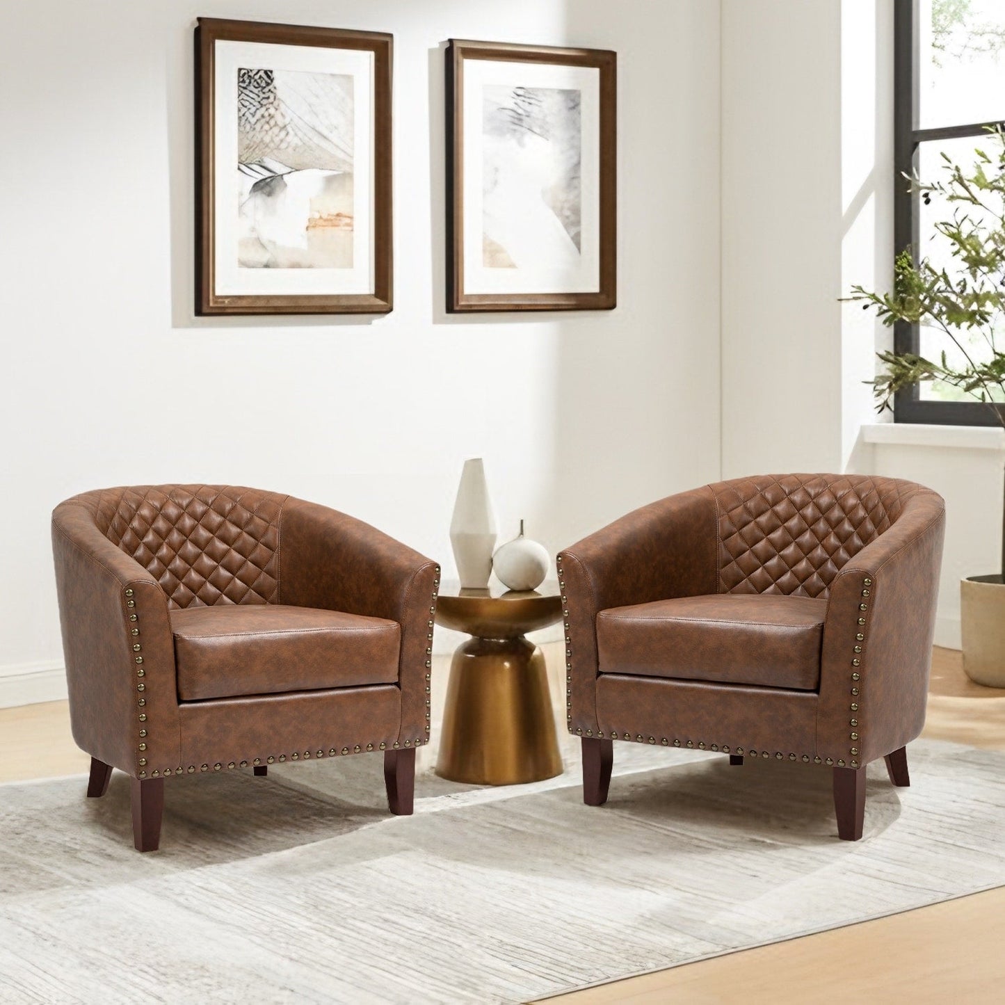 2 chaises d'appoint en cuir végétalien en forme de tonneau, 73,5 cm de large, avec garniture à clous.
