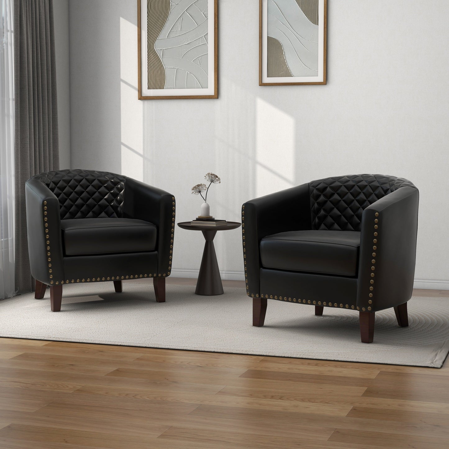 2 chaises d'appoint en cuir végétalien en forme de tonneau, 73,5 cm de large, avec garniture à clous.