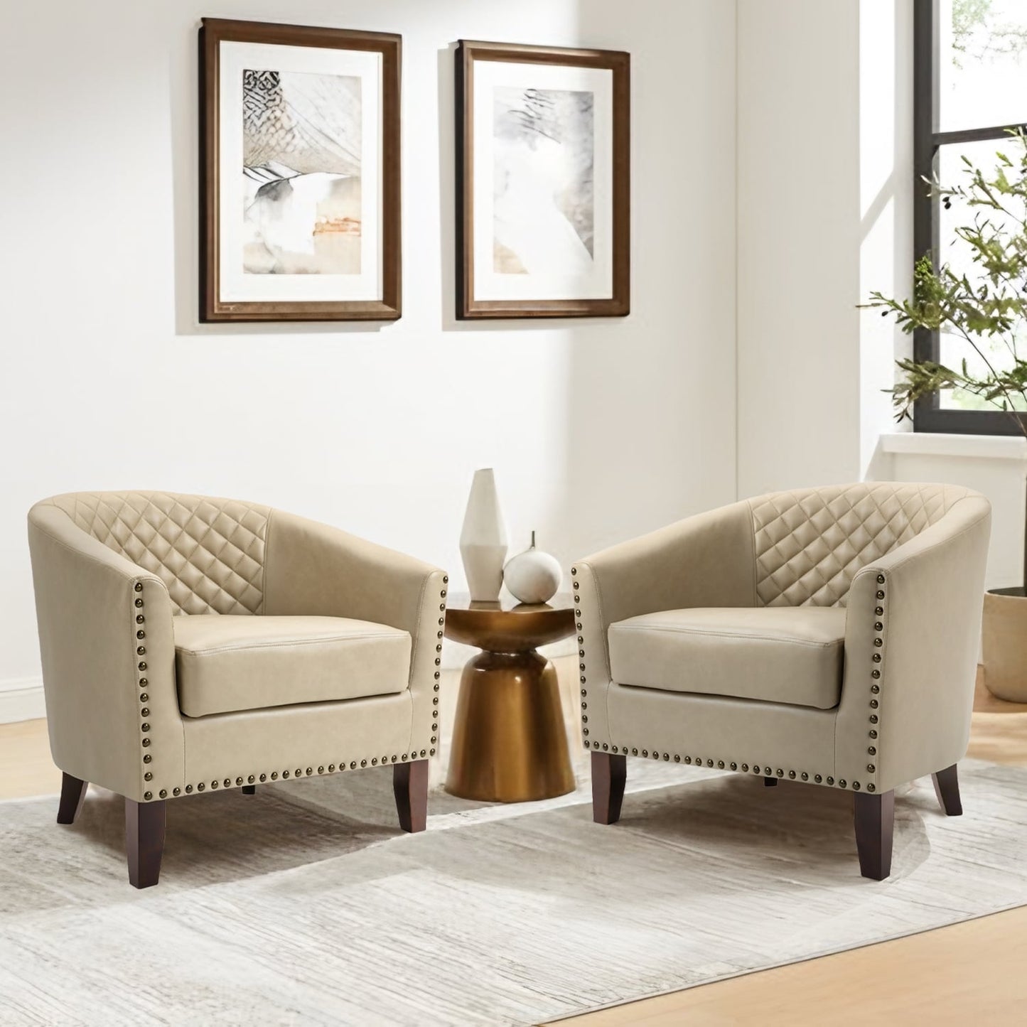 2 chaises d'appoint en cuir végétalien en forme de tonneau, 73,5 cm de large, avec garniture à clous.