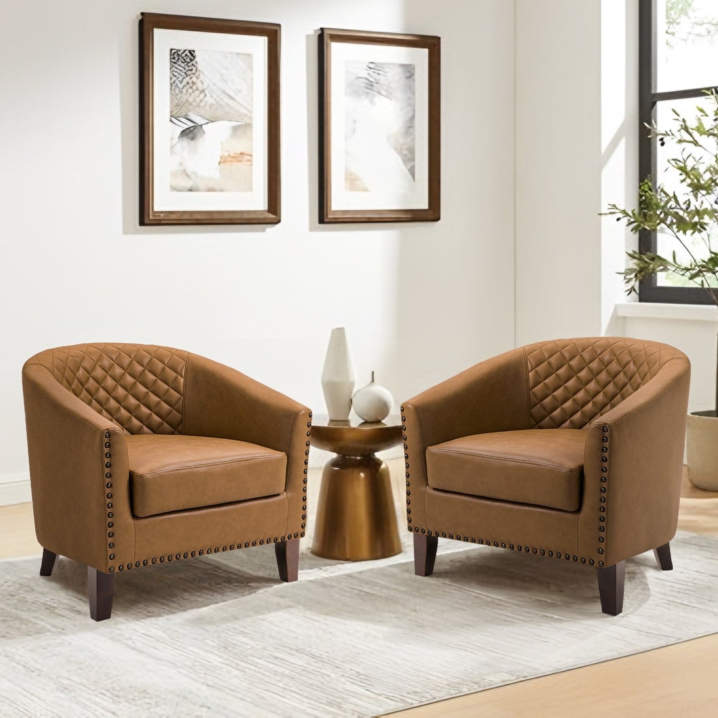 2 chaises d'appoint en cuir végétalien en forme de tonneau, 73,5 cm de large, avec garniture à clous.