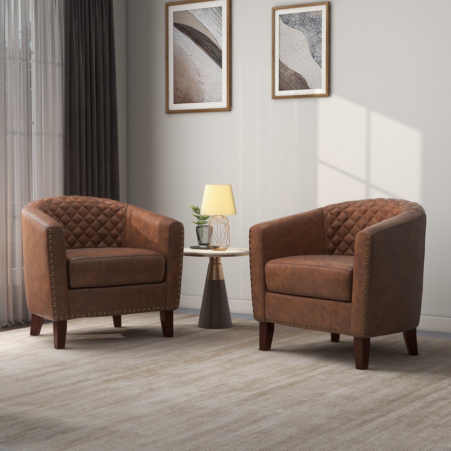 2 chaises d'appoint en cuir végétalien en forme de tonneau, 73,5 cm de large, avec garniture à clous.