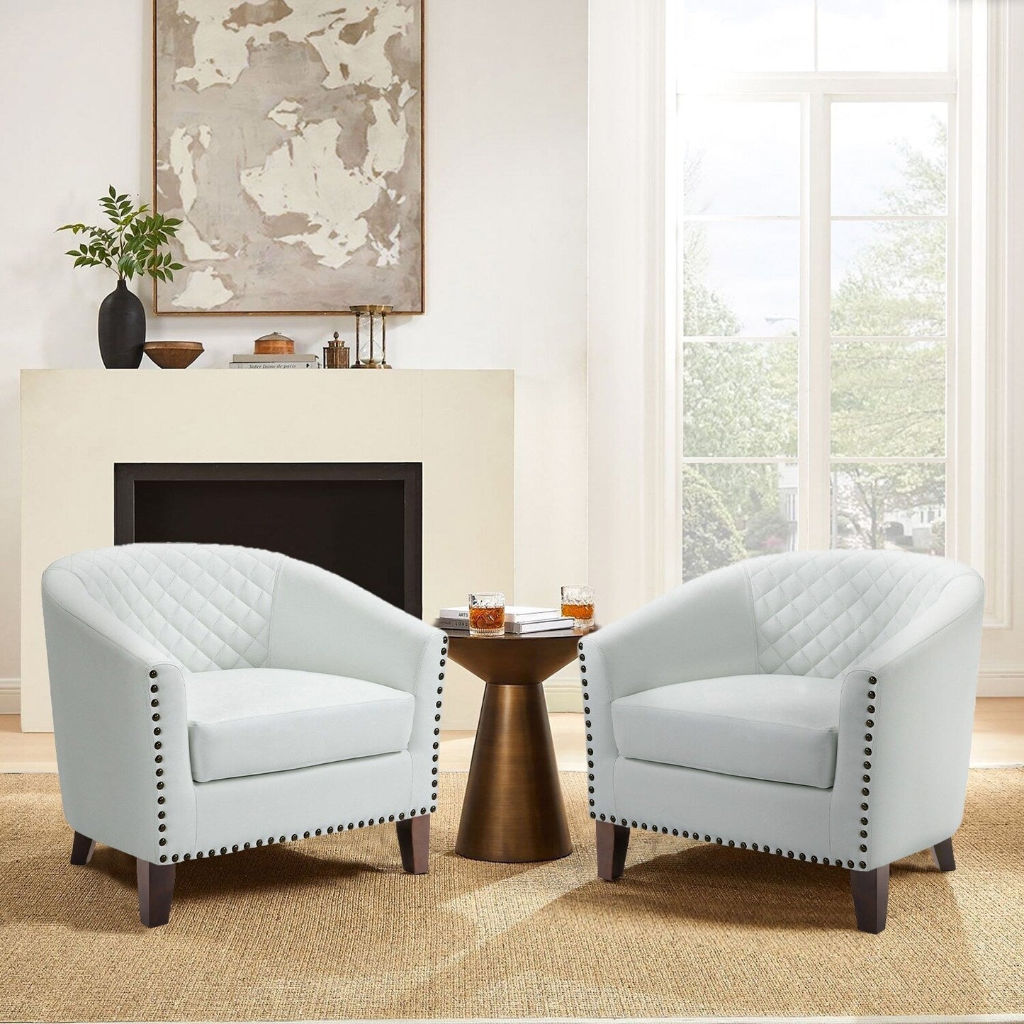 2 chaises d'appoint en cuir végétalien en forme de tonneau, 73,5 cm de large, avec garniture à clous.