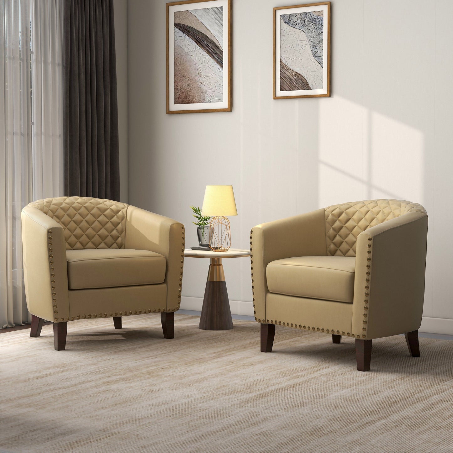 2 chaises d'appoint en cuir végétalien en forme de tonneau, 73,5 cm de large, avec garniture à clous.