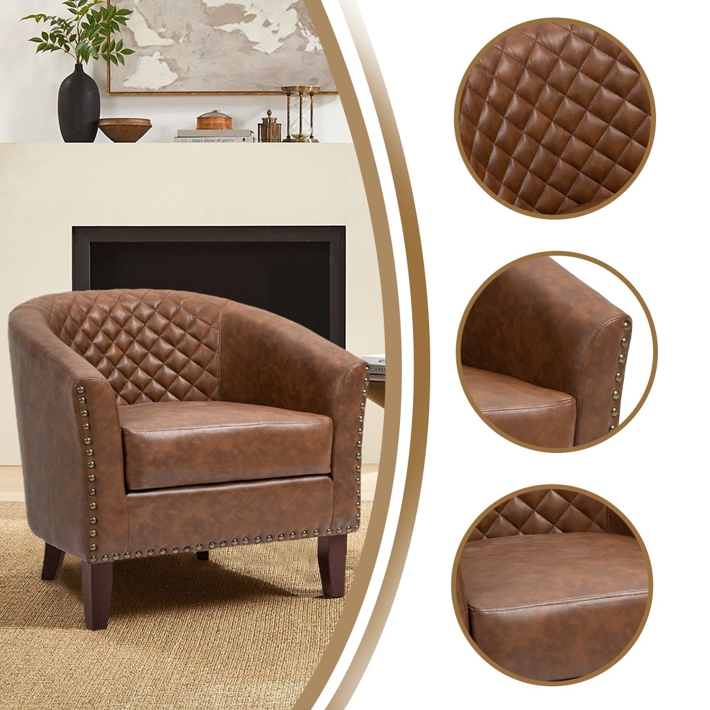 2 chaises d'appoint en cuir végétalien en forme de tonneau, 73,5 cm de large, avec garniture à clous.