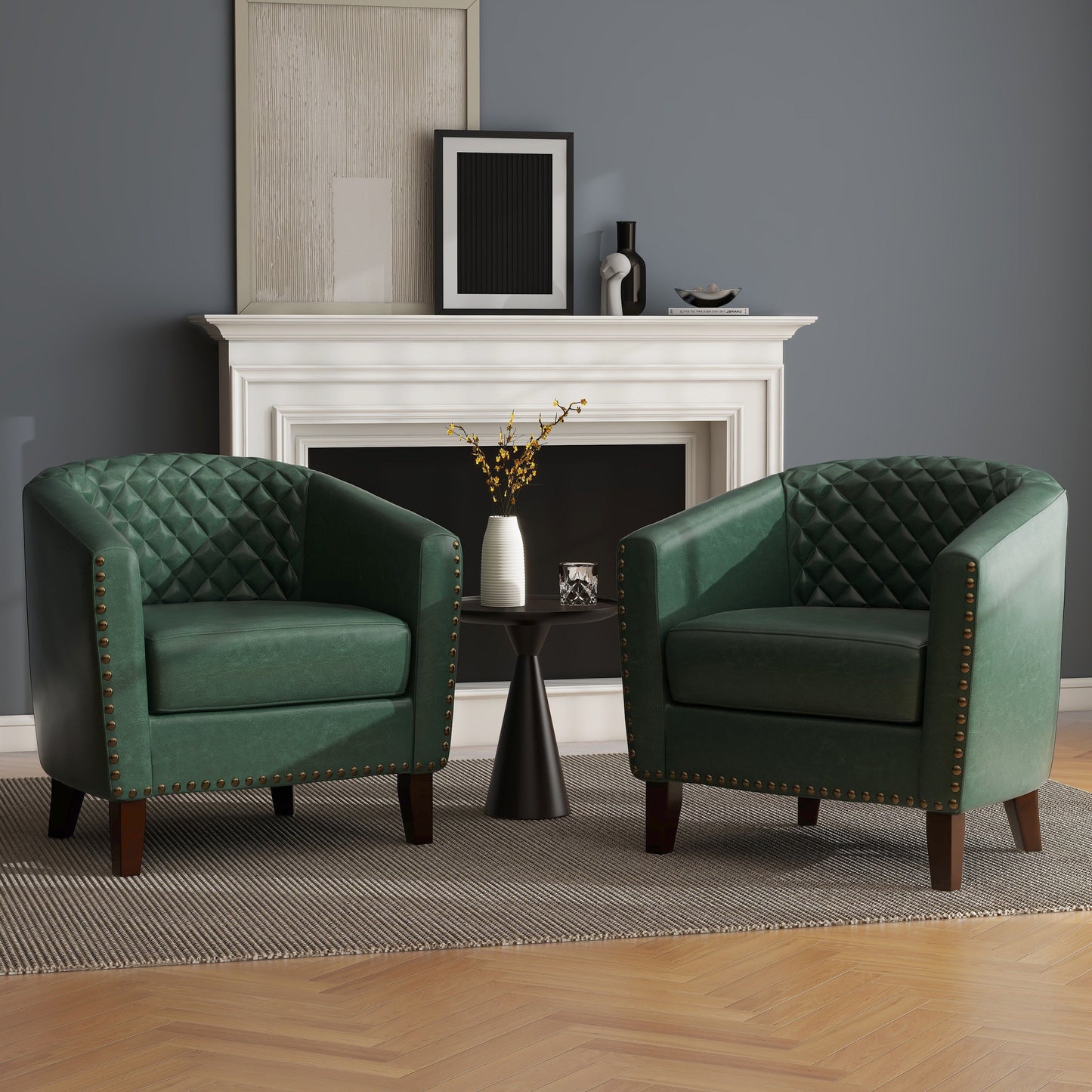 2 chaises d'appoint en cuir végétalien en forme de tonneau, 73,5 cm de large, avec garniture à clous.
