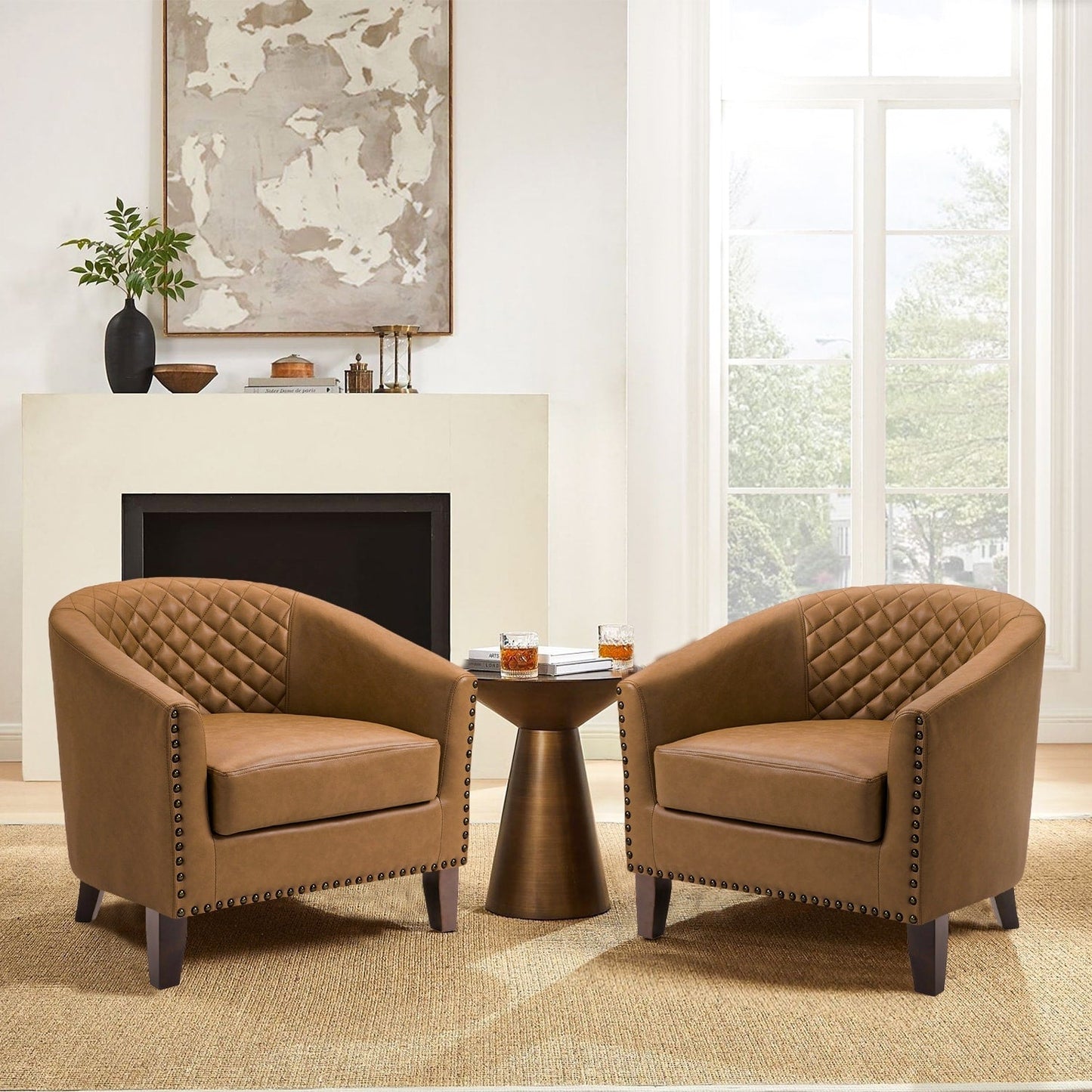 2 chaises d'appoint en cuir végétalien en forme de tonneau, 73,5 cm de large, avec garniture à clous.