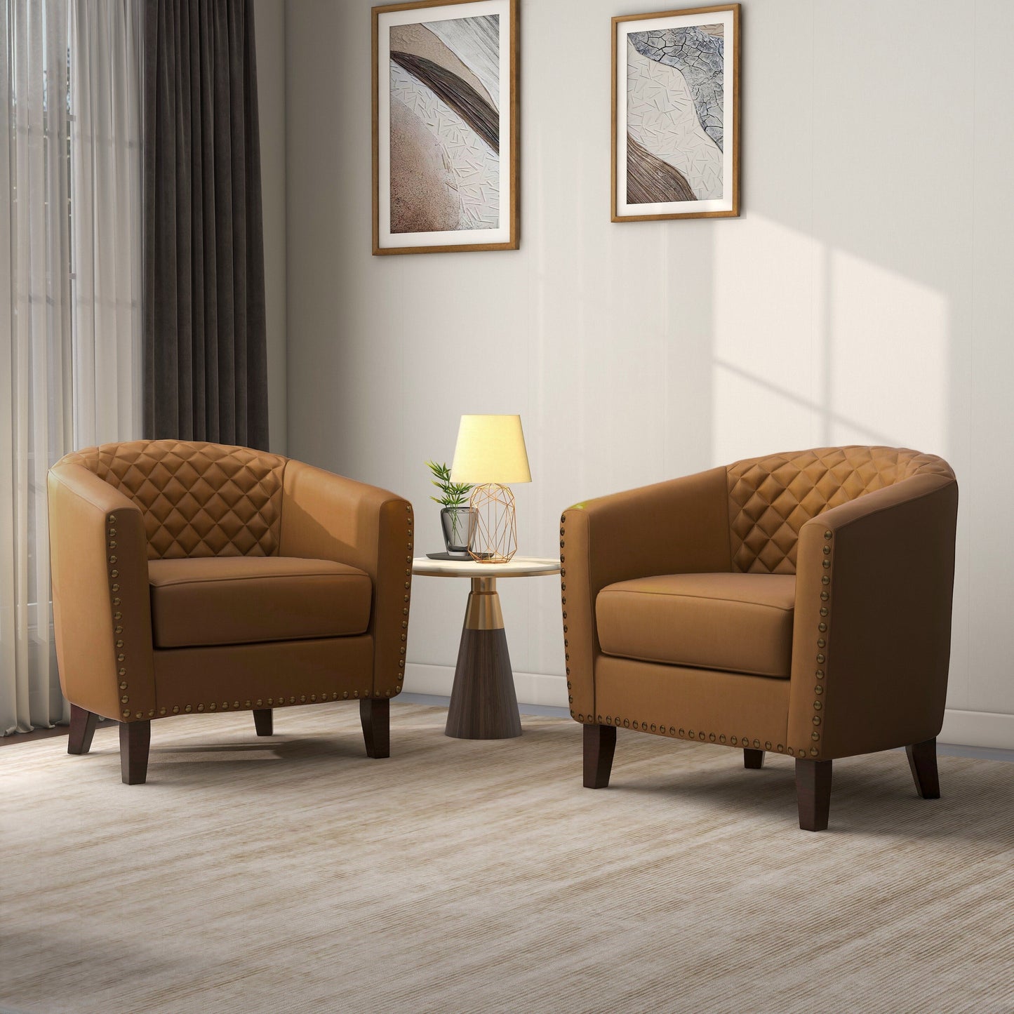 2 chaises d'appoint en cuir végétalien en forme de tonneau, 73,5 cm de large, avec garniture à clous.