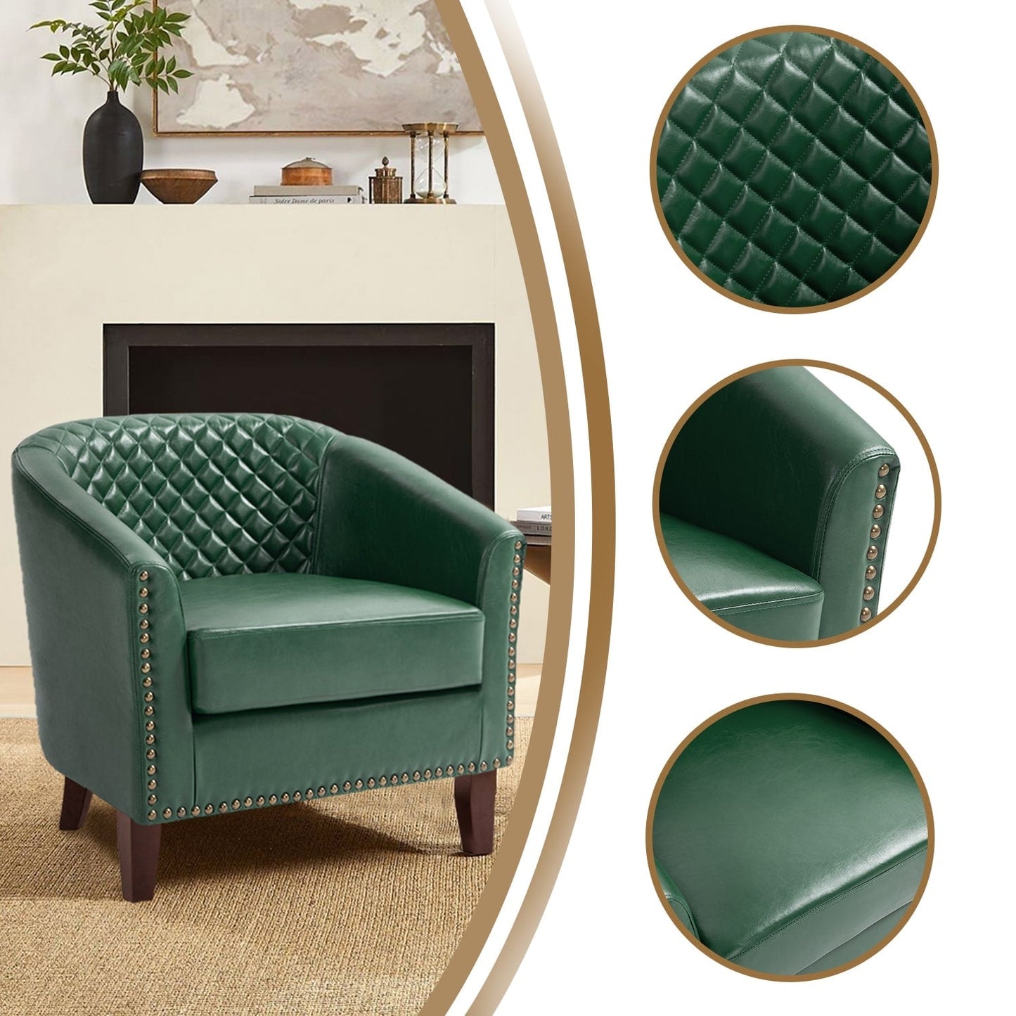 2 chaises d'appoint en cuir végétalien en forme de tonneau, 73,5 cm de large, avec garniture à clous.