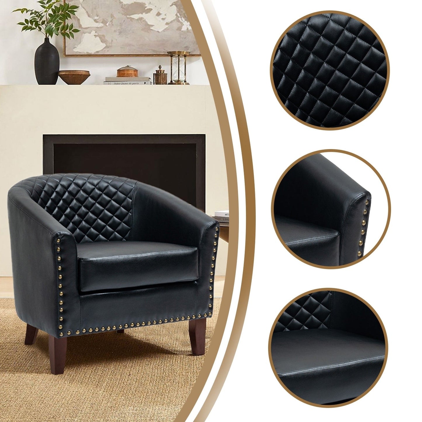 2 chaises d'appoint en cuir végétalien en forme de tonneau, 73,5 cm de large, avec garniture à clous.