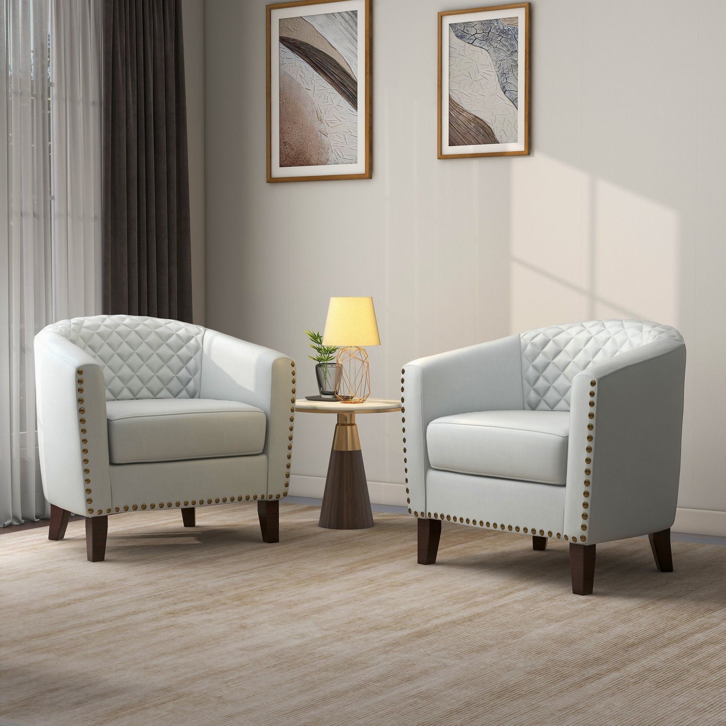 2 chaises d'appoint en cuir végétalien en forme de tonneau, 73,5 cm de large, avec garniture à clous.