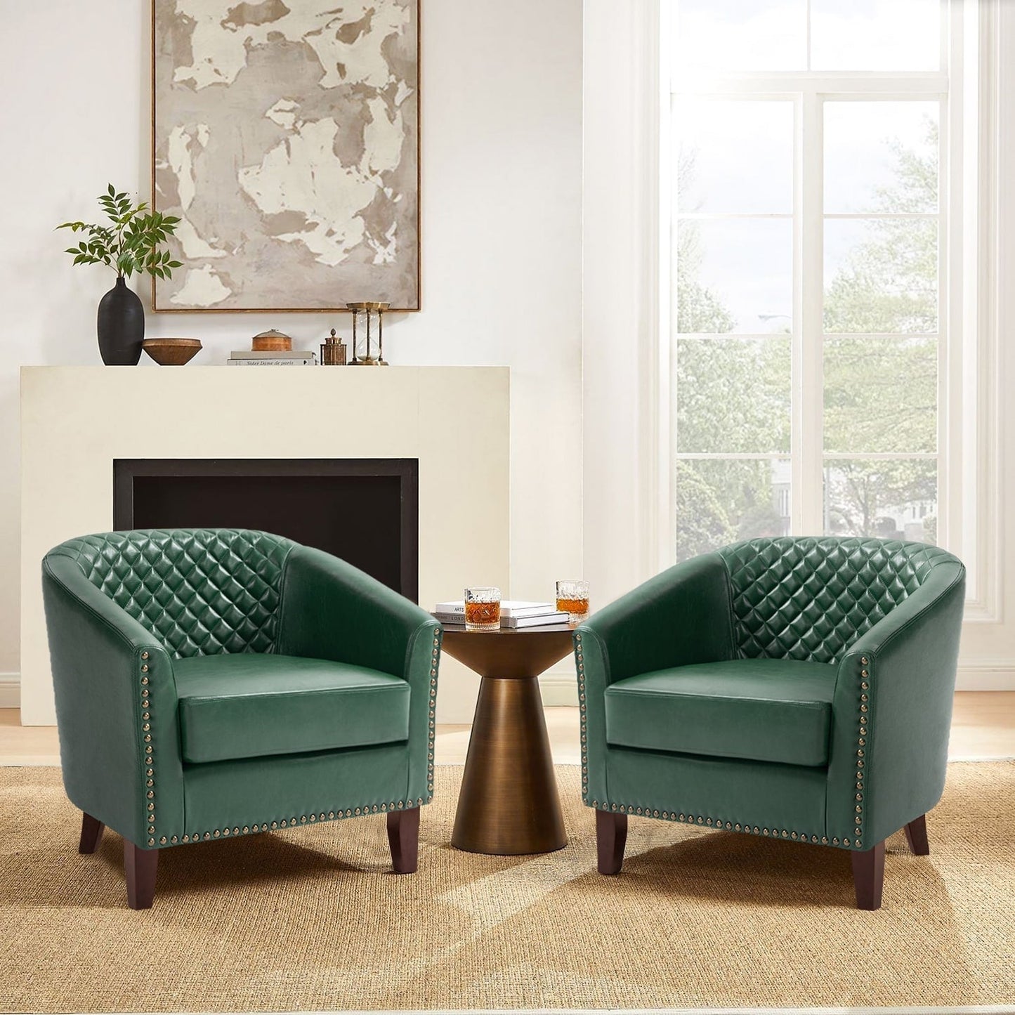 2 chaises d'appoint en cuir végétalien en forme de tonneau, 73,5 cm de large, avec garniture à clous.