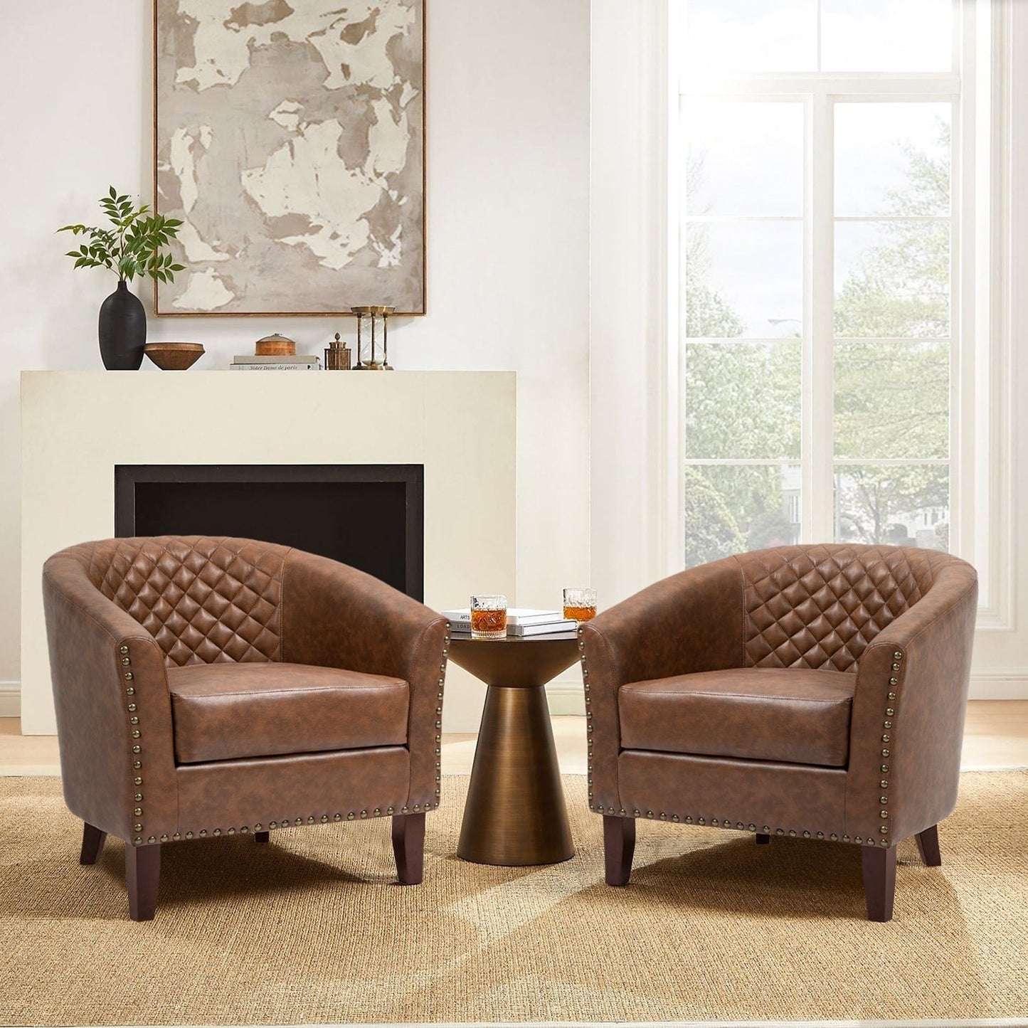 2 chaises d'appoint en cuir végétalien en forme de tonneau, 73,5 cm de large, avec garniture à clous.