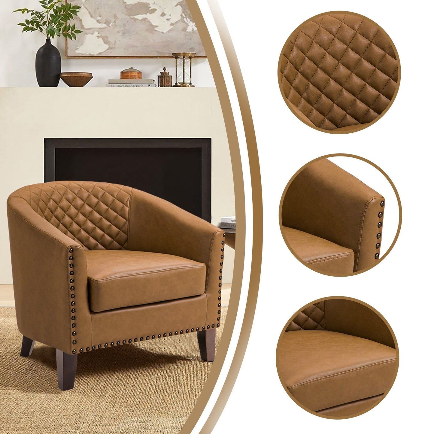 2 chaises d'appoint en cuir végétalien en forme de tonneau, 73,5 cm de large, avec garniture à clous.