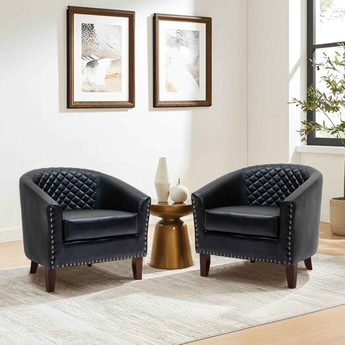 2 chaises d'appoint en cuir végétalien en forme de tonneau, 73,5 cm de large, avec garniture à clous.