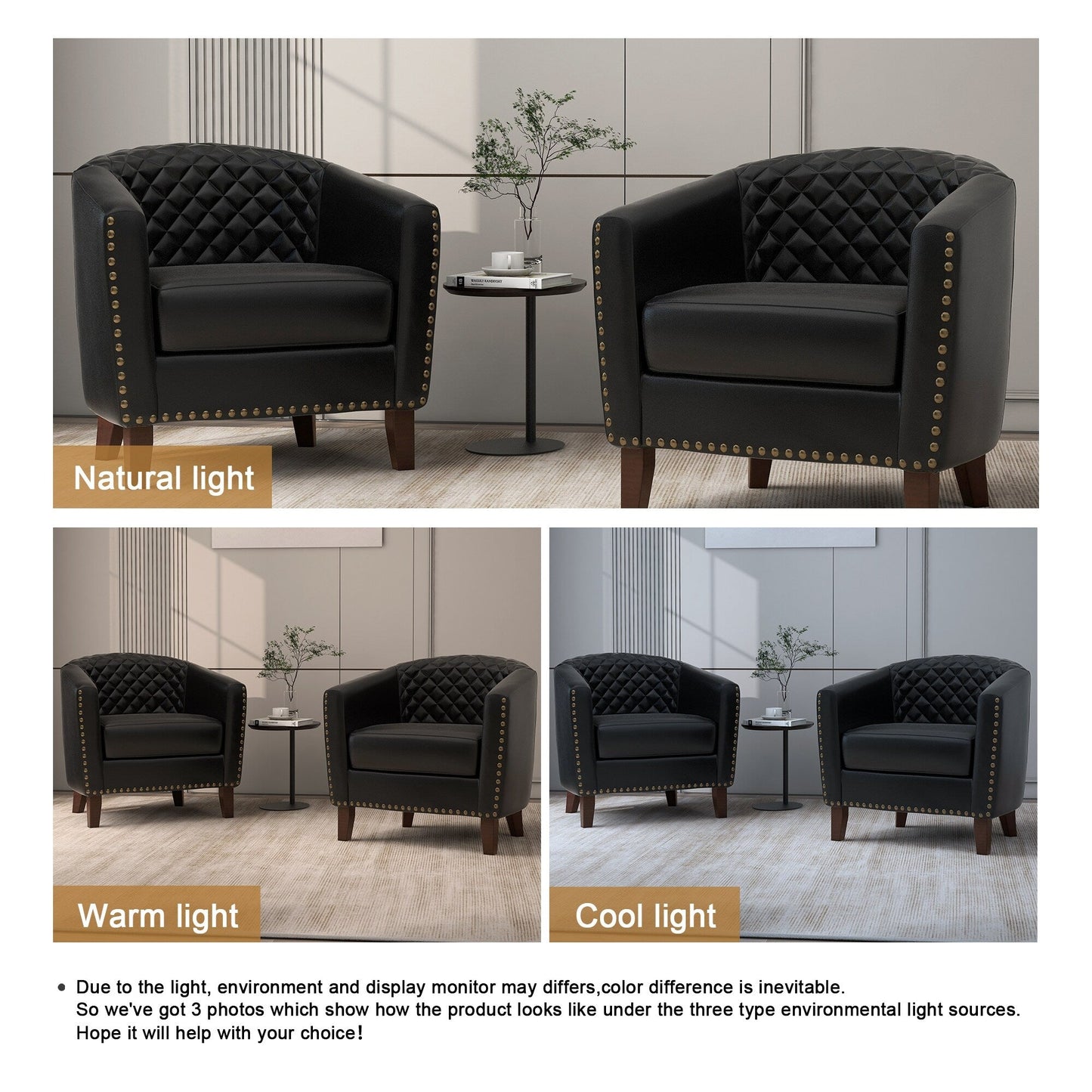 2 chaises d'appoint en cuir végétalien en forme de tonneau, 73,5 cm de large, avec garniture à clous.