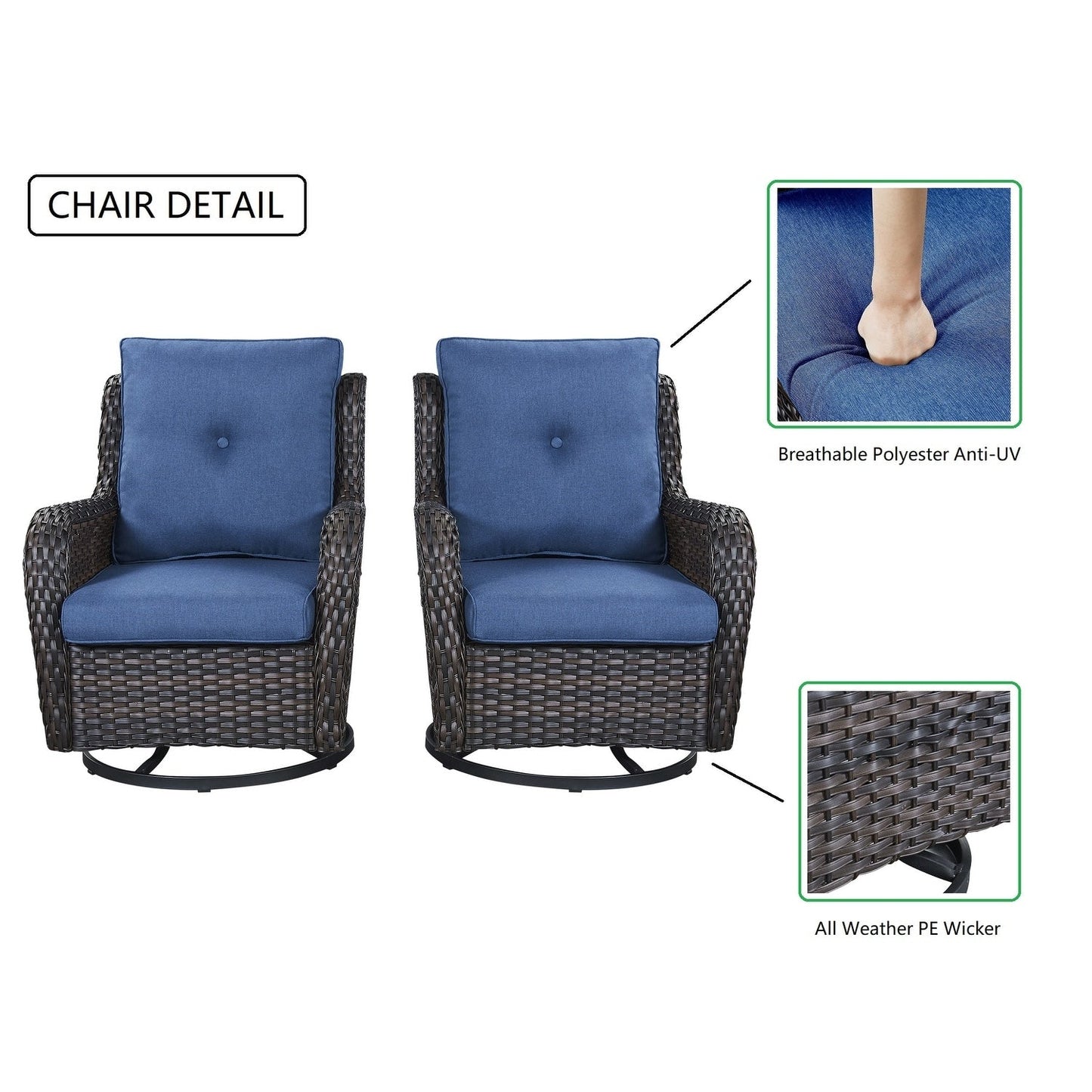 Gymojoy Ensemble de 3 pièces en rotin pour extérieur, chaise basculante pivotante avec coussin et table.