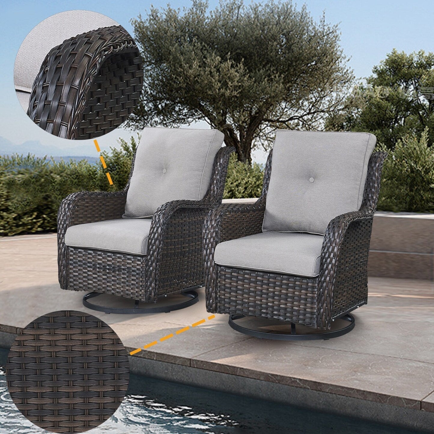 Gymojoy Ensemble de 3 pièces en rotin pour extérieur, chaise basculante pivotante avec coussin et table.