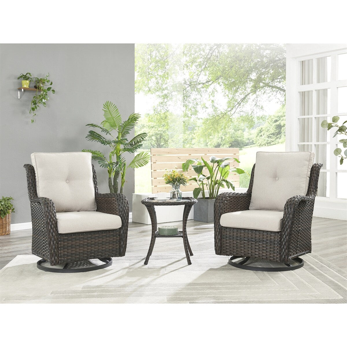 Gymojoy Ensemble de 3 pièces en rotin pour extérieur, chaise basculante pivotante avec coussin et table.
